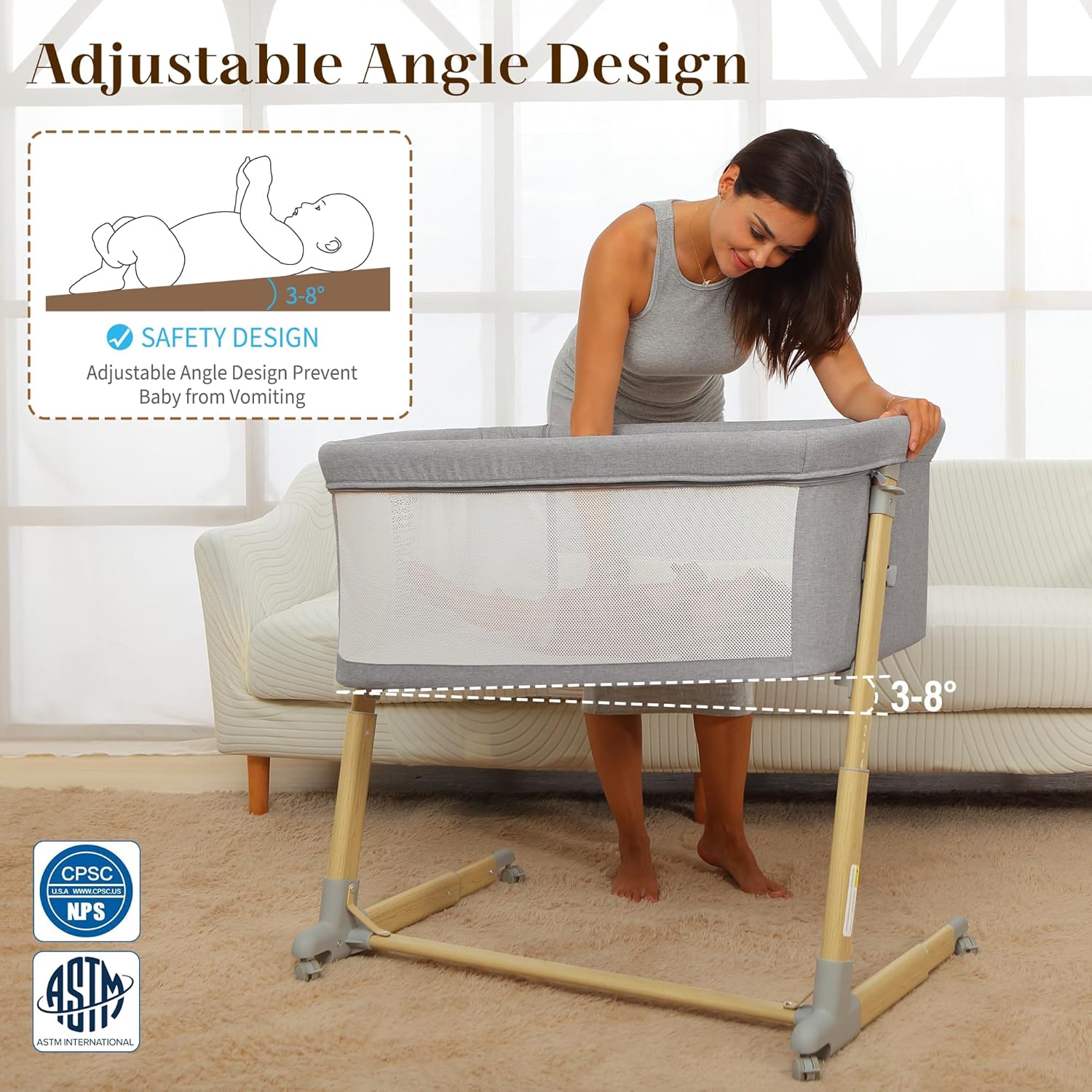 AMKE Baby Bassinets,All mesh Bedside Sleeper,Portable for Safe Co-Sleeping,Adjustable Crib,Baby Bed for Infant Newborn (Wood Color) · v2