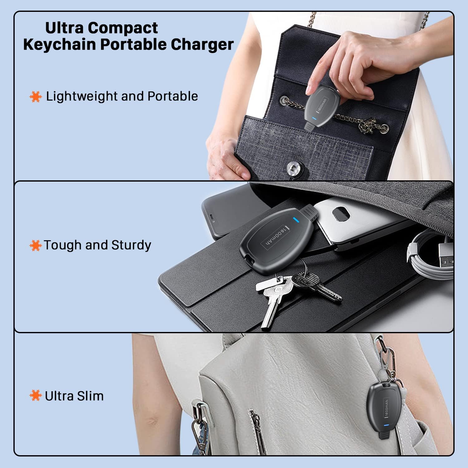 LCLEBM 2 Pack Keychain Portable Charger for iPhone, 1600mAh Ultra Small Portable Power Pod Mini Phone Power Bank, Ultra-Compact and Fast Charging Emergency Power Pod-Black · v3