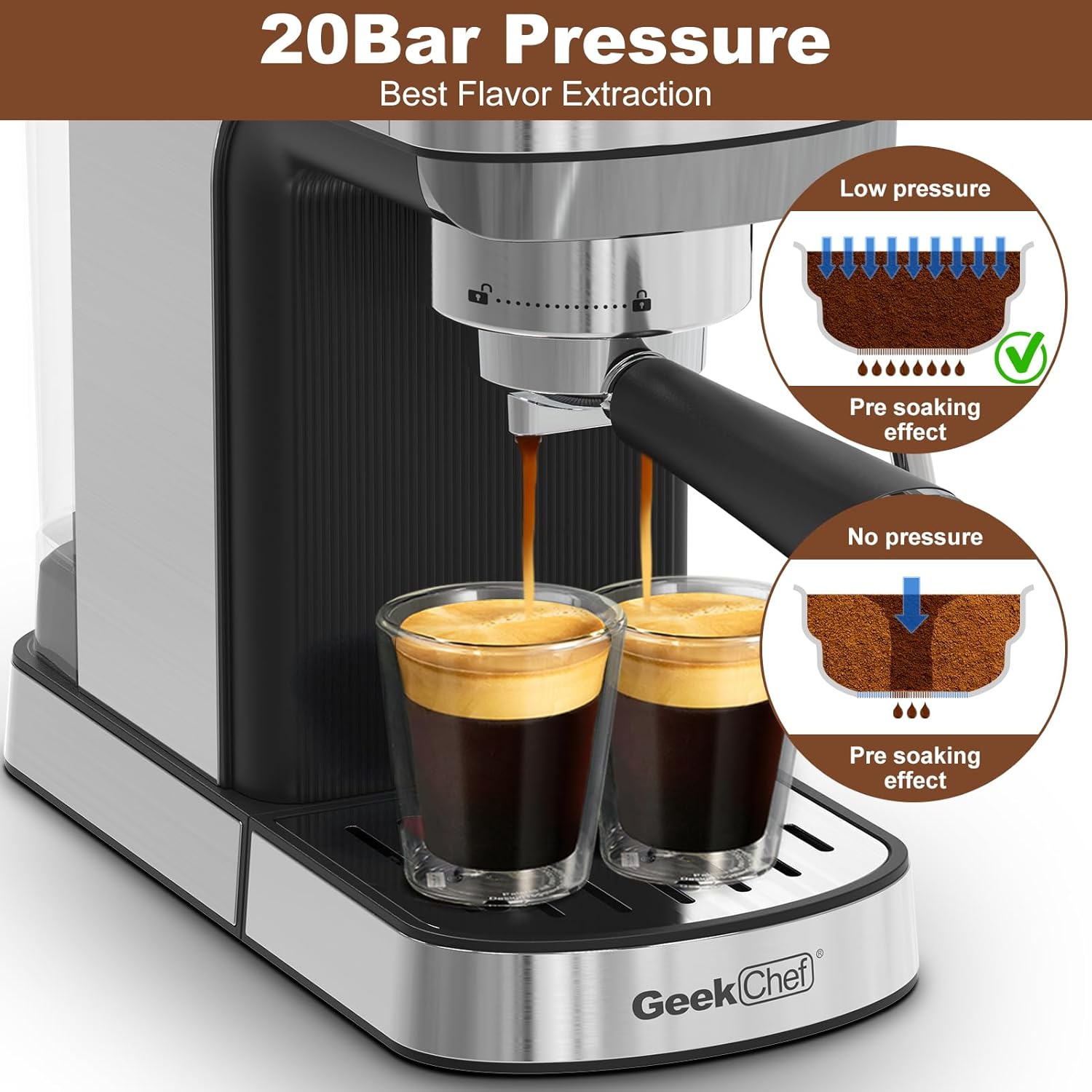เครื่องชงกาแฟเอสเพรสโซ Geek Chef เครื่องชงกาแฟ 20 บาร์ ระบบทำความร้อนอัตโนมัติแบบรวดเร็ว เครื่องทำลาเต้คาปูชิโน