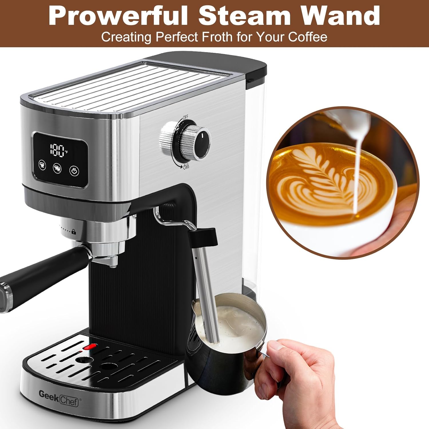 เครื่องชงกาแฟเอสเพรสโซ Geek Chef เครื่องชงกาแฟ 20 บาร์ ระบบทำความร้อนอัตโนมัติแบบรวดเร็ว เครื่องทำลาเต้คาปูชิโน