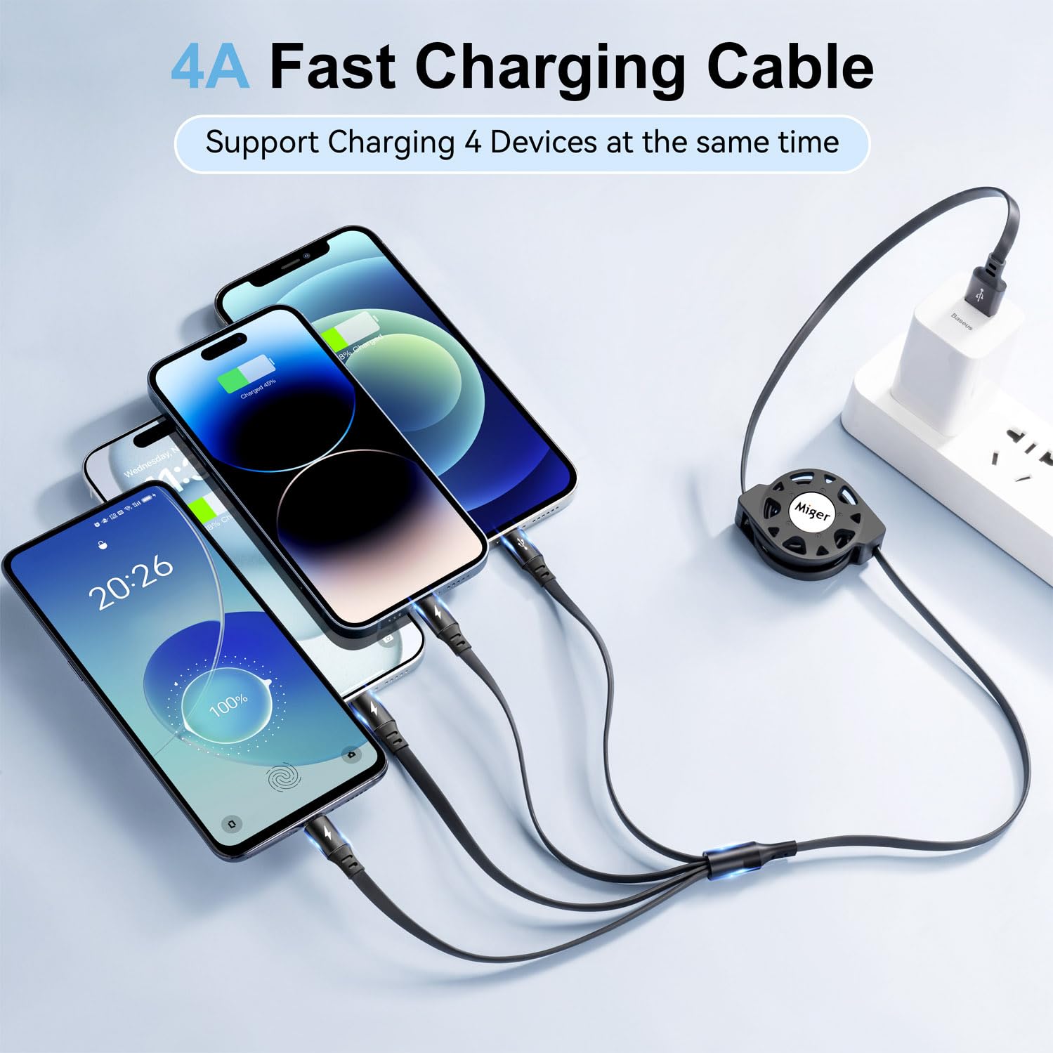 Multi Charging Cable 4A [2Pack 4Ft] Retractable USB Fast Charger Cord 4 in 1 Chargers for Multiple Devices with Lightning/Type C/Micro USB Port for Cell Phones,iPhone,iPads,Samsung Galaxy,Tablets