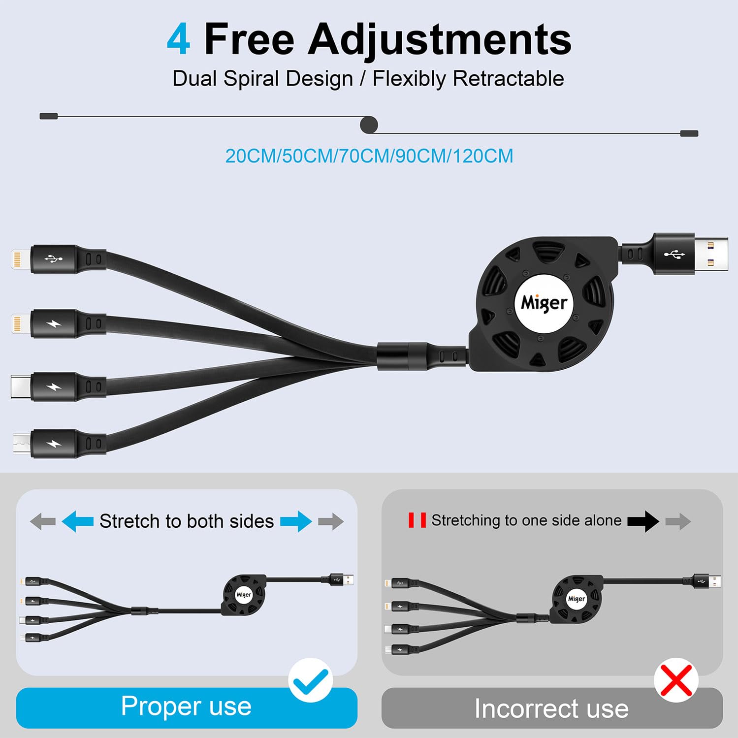 Multi Charging Cable 4A [2Pack 4Ft] Retractable USB Fast Charger Cord 4 in 1 Chargers for Multiple Devices with Lightning/Type C/Micro USB Port for Cell Phones,iPhone,iPads,Samsung Galaxy,Tablets