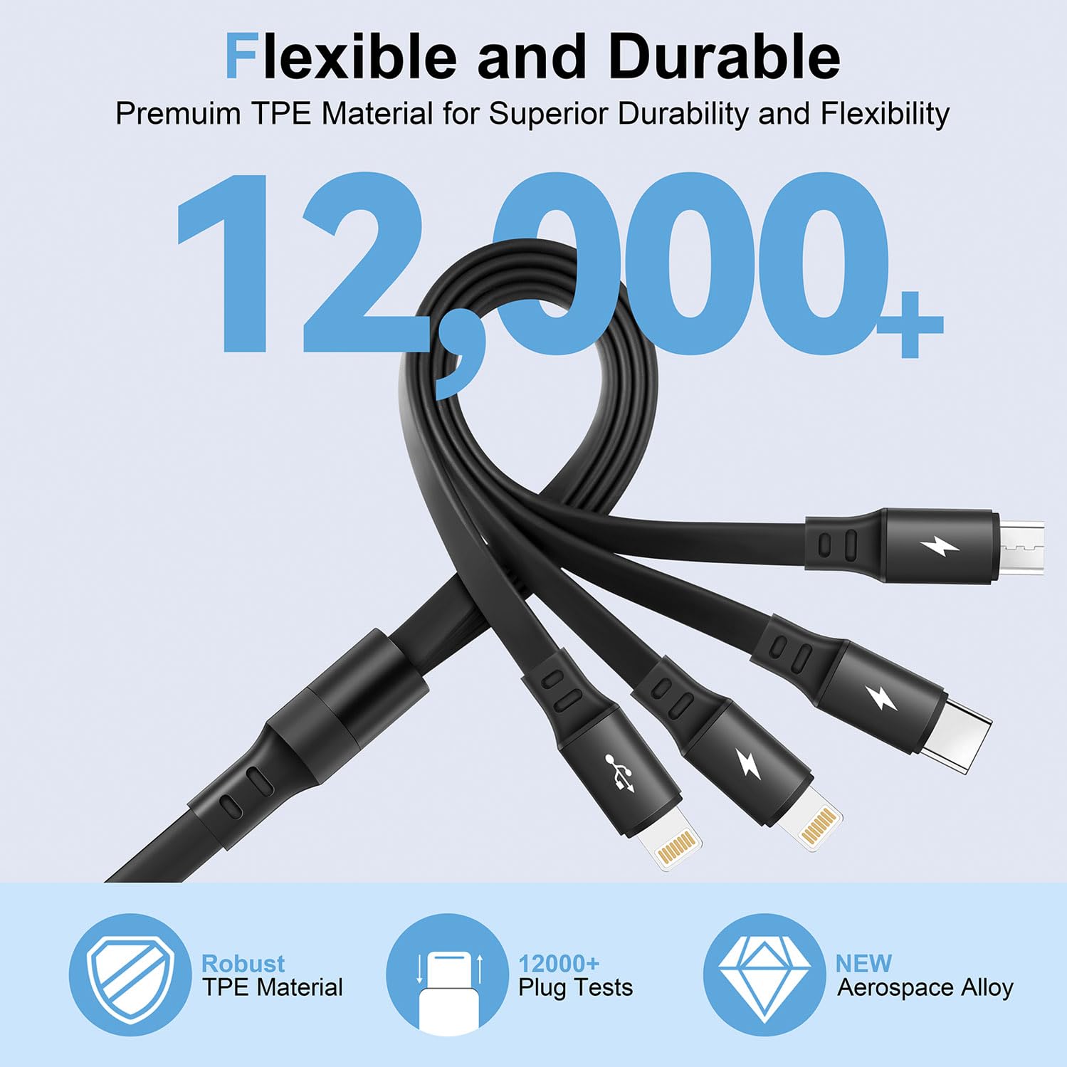 Multi Charging Cable 4A [2Pack 4Ft] Retractable USB Fast Charger Cord 4 in 1 Chargers for Multiple Devices with Lightning/Type C/Micro USB Port for Cell Phones,iPhone,iPads,Samsung Galaxy,Tablets