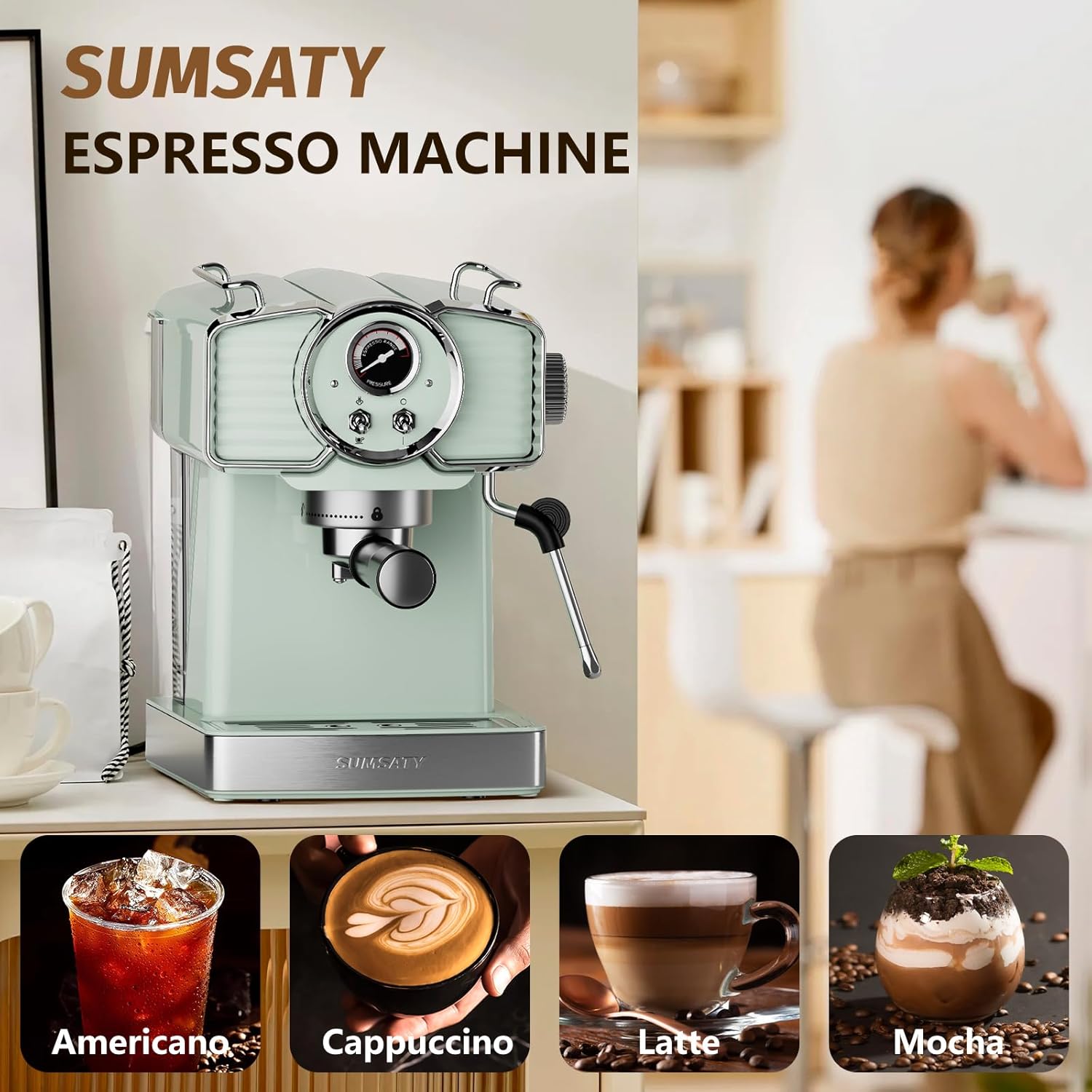เครื่องชงกาแฟเอสเพรสโซ 20 บาร์ เครื่องชงเอสเพรสโซสไตล์ย้อนยุคพร้อมหัวตีฟองนมสำหรับคาปูชิโน ลาเต้ มัคคิอาโต ถังน้ำแบบถอดได้ 1.8 ลิตร ได้รับการรับรองจาก ETL ช้อนกาแฟ สีเขียวมิ้นต์