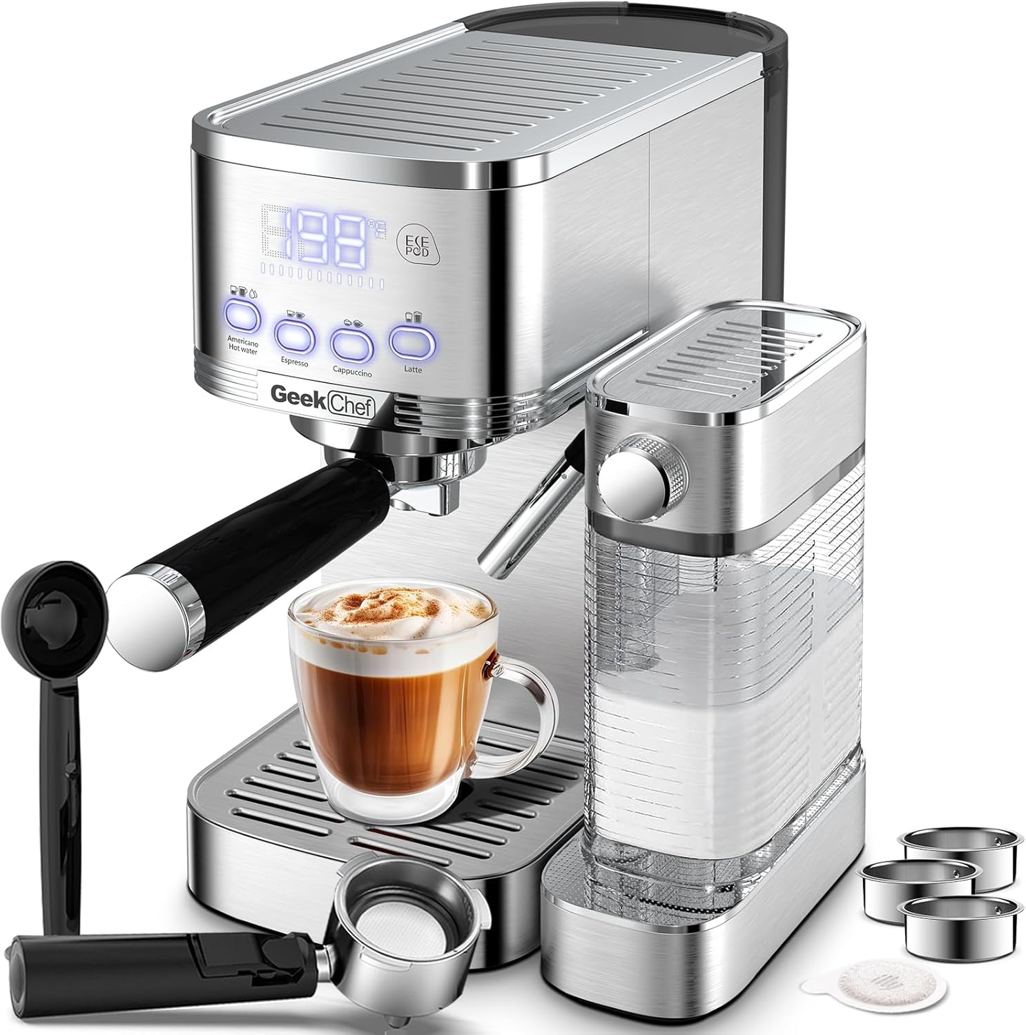 เครื่องชงกาแฟเอสเพรสโซ Geek Chef เครื่องชงกาแฟคาปูชิโน 20 บาร์พร้อมเครื่องตีฟองนมอัตโนมัติ เครื่องชงกาแฟลาเต้ เครื่องชงกาแฟพร้อมตัวกรอง ESE เครื่องชงกาแฟเอสเพรสโซอัตโนมัติสำหรับใช้ในบ้าน
