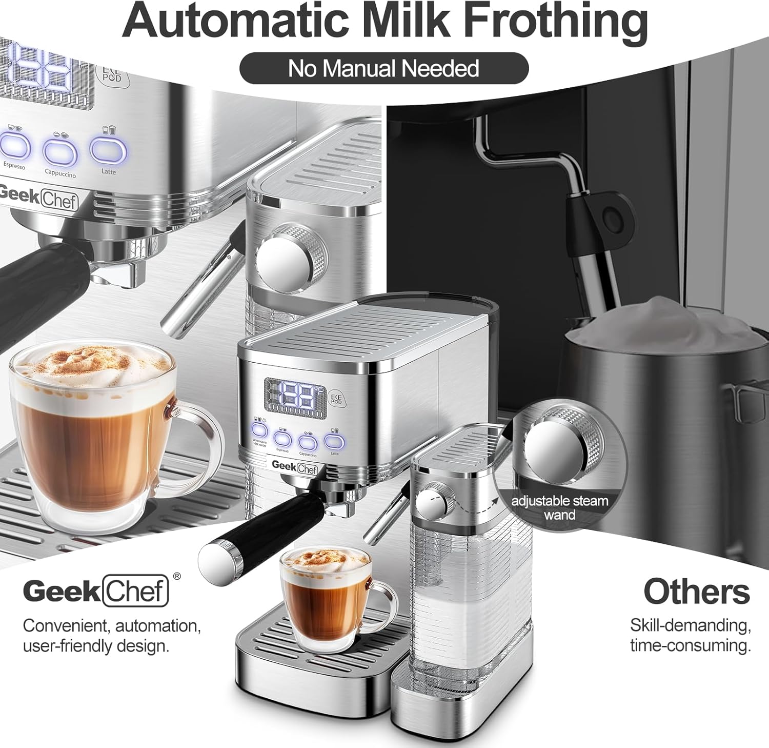 เครื่องชงกาแฟเอสเพรสโซ Geek Chef เครื่องชงกาแฟคาปูชิโน 20 บาร์พร้อมเครื่องตีฟองนมอัตโนมัติ เครื่องชงกาแฟลาเต้ เครื่องชงกาแฟพร้อมตัวกรอง ESE เครื่องชงกาแฟเอสเพรสโซอัตโนมัติสำหรับใช้ในบ้าน