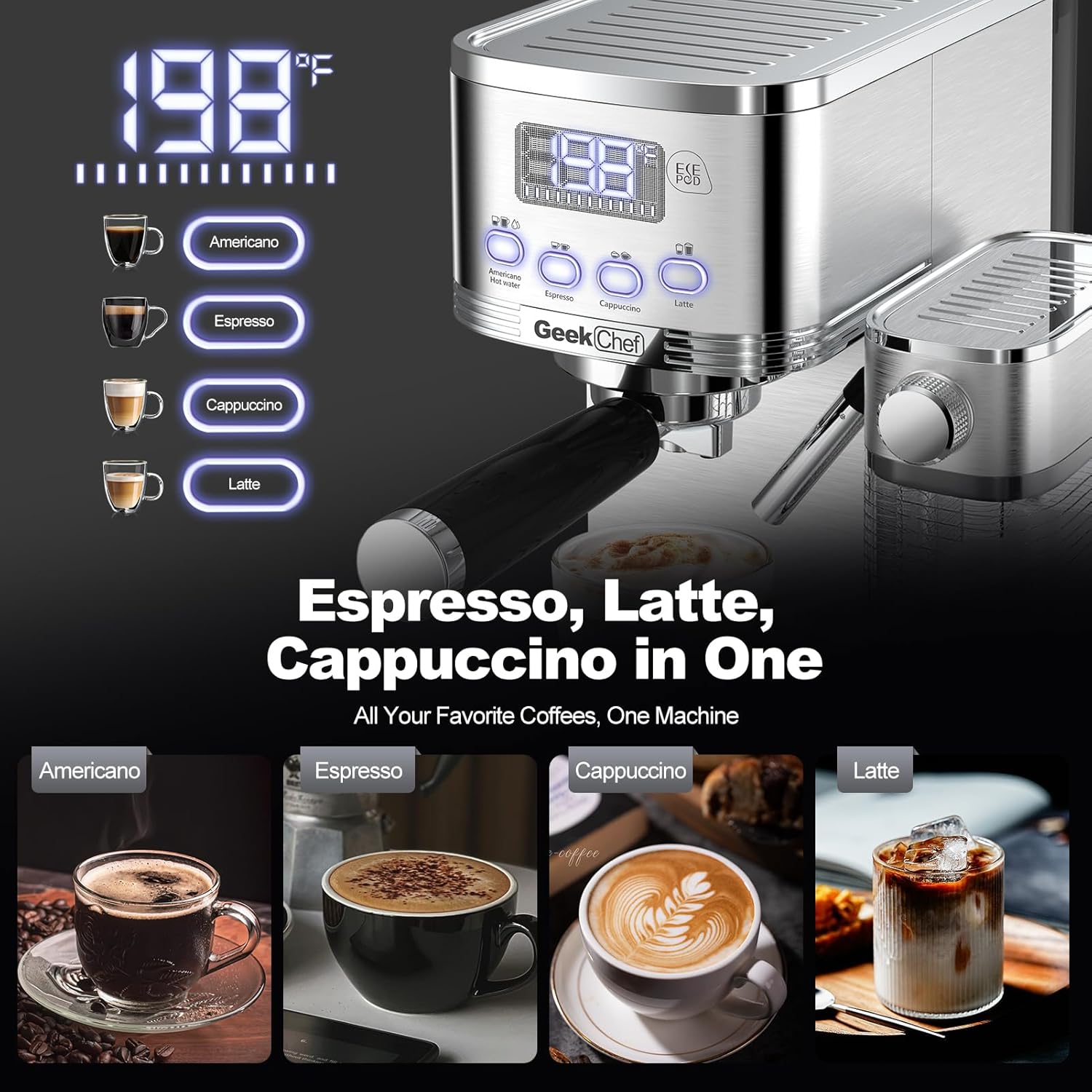เครื่องชงกาแฟเอสเพรสโซ Geek Chef เครื่องชงกาแฟคาปูชิโน 20 บาร์พร้อมเครื่องตีฟองนมอัตโนมัติ เครื่องชงกาแฟลาเต้ เครื่องชงกาแฟพร้อมตัวกรอง ESE เครื่องชงกาแฟเอสเพรสโซอัตโนมัติสำหรับใช้ในบ้าน