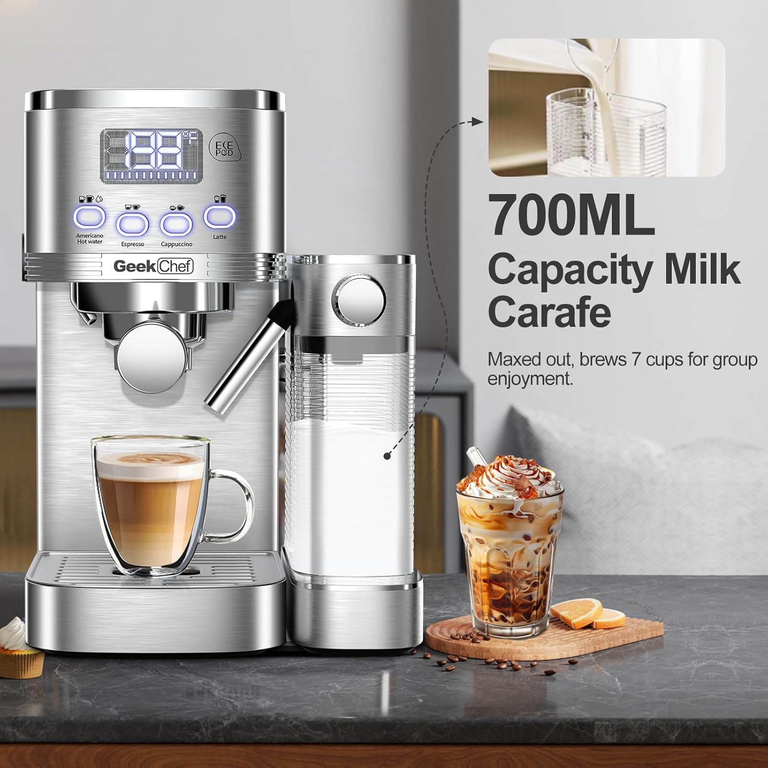 เครื่องชงกาแฟเอสเพรสโซ Geek Chef เครื่องชงกาแฟคาปูชิโน 20 บาร์พร้อมเครื่องตีฟองนมอัตโนมัติ เครื่องชงกาแฟลาเต้ เครื่องชงกาแฟพร้อมตัวกรอง ESE เครื่องชงกาแฟเอสเพรสโซอัตโนมัติสำหรับใช้ในบ้าน