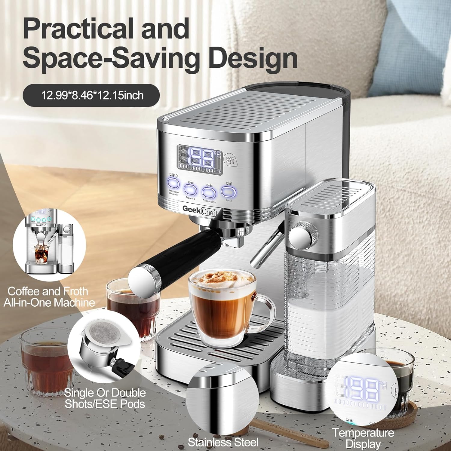 เครื่องชงกาแฟเอสเพรสโซ Geek Chef เครื่องชงกาแฟคาปูชิโน 20 บาร์พร้อมเครื่องตีฟองนมอัตโนมัติ เครื่องชงกาแฟลาเต้ เครื่องชงกาแฟพร้อมตัวกรอง ESE เครื่องชงกาแฟเอสเพรสโซอัตโนมัติสำหรับใช้ในบ้าน