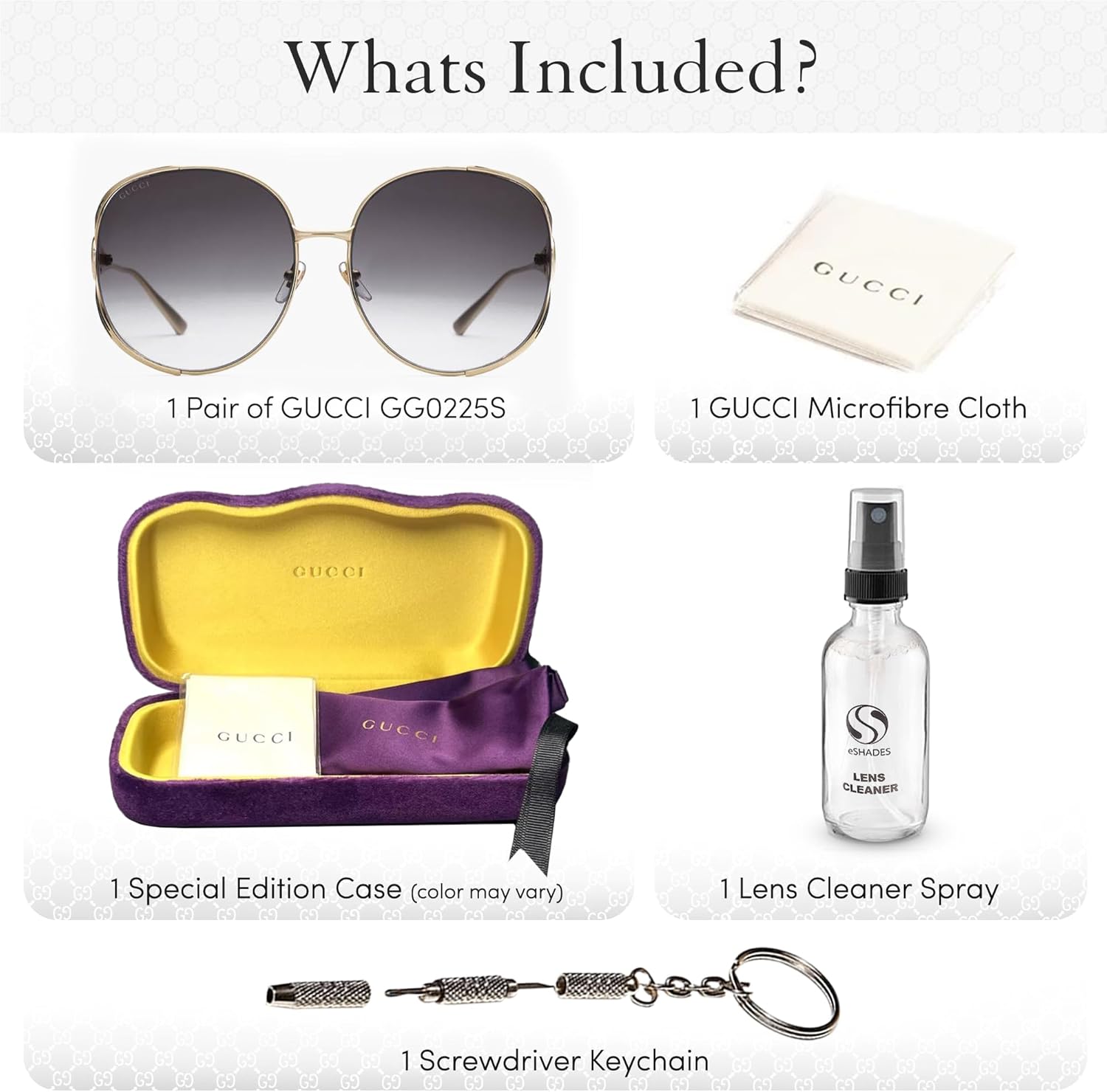 Gucci GG 0225S Sqaure Shape Sunglasses   Bundle with eSHADES Luxury Eyewear Kit