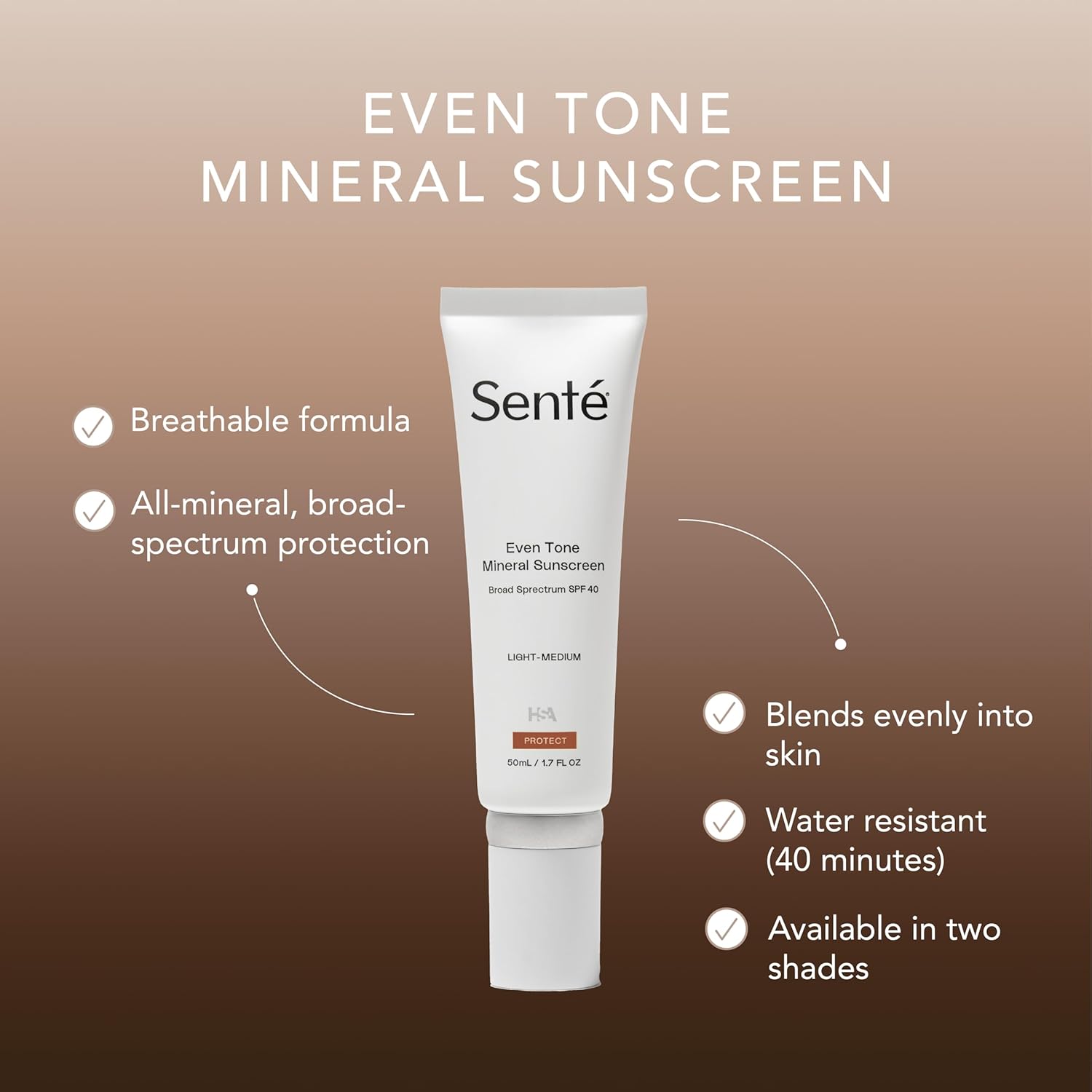 Senté Even Tone Mineral Sunscreen Tinted Broad-Spectrum Lotion- Light-Medium SPF 40 - UVA/UVB Protection - 40-Min Water-Resistant - 50 ml · v3