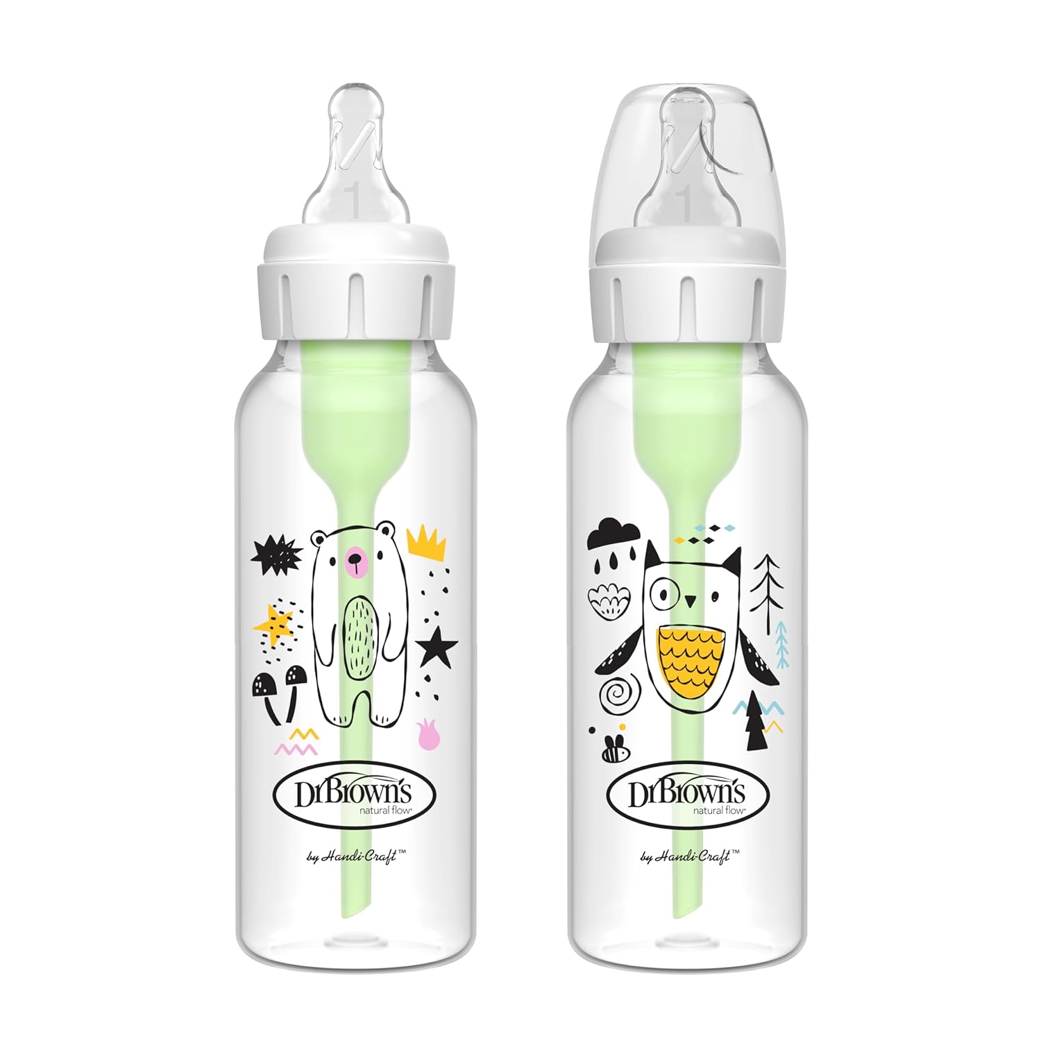 Dr. Browns Natural Flow Anti-Colic Options  Narrow Baby Bottle, Bear  Owl, 8 oz/250 mL, with Level 1 Slow Flow Nipple, BPA Free, 0m , 2-Pack