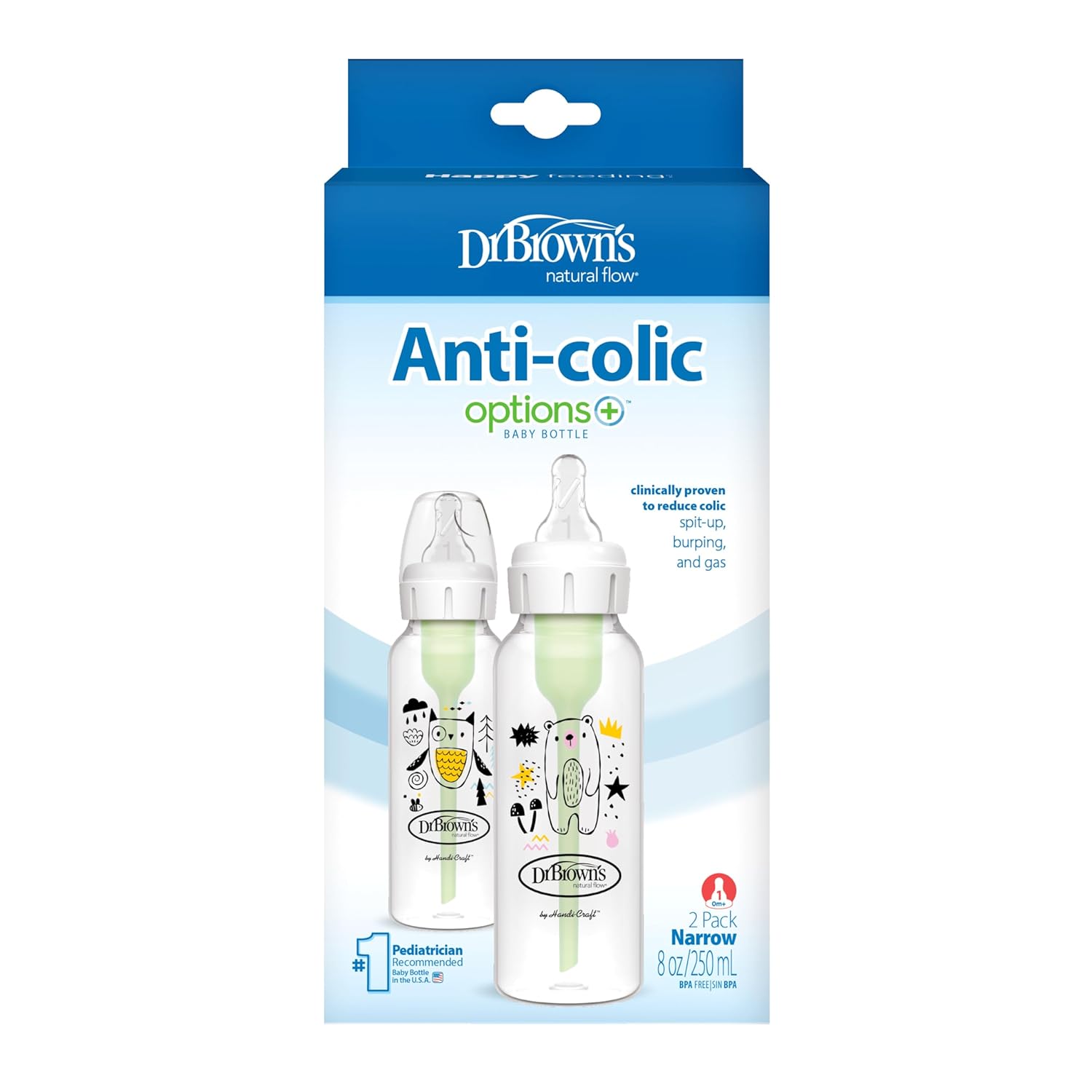Dr. Browns Natural Flow Anti-Colic Options  Narrow Baby Bottle, Bear  Owl, 8 oz/250 mL, with Level 1 Slow Flow Nipple, BPA Free, 0m , 2-Pack