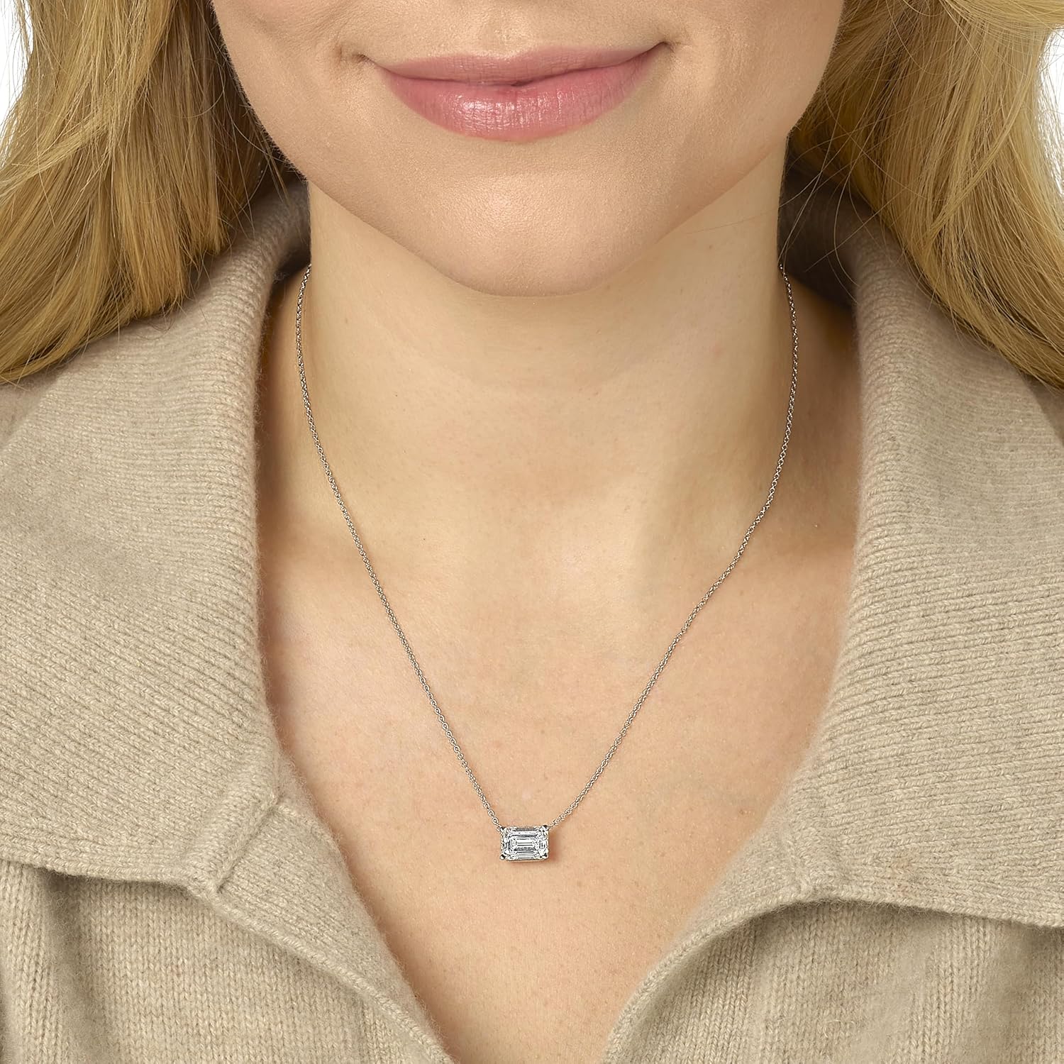 IGI Certified 1/4 to 3 Carat Emerald Cut Lab Grown Diamond Horizontal Solitaire Pendant Necklace for Women I 14k Gold (G-H, VS1-VS2, cttw) 16 to 18 Inch Adjustable Chain East-West · v2