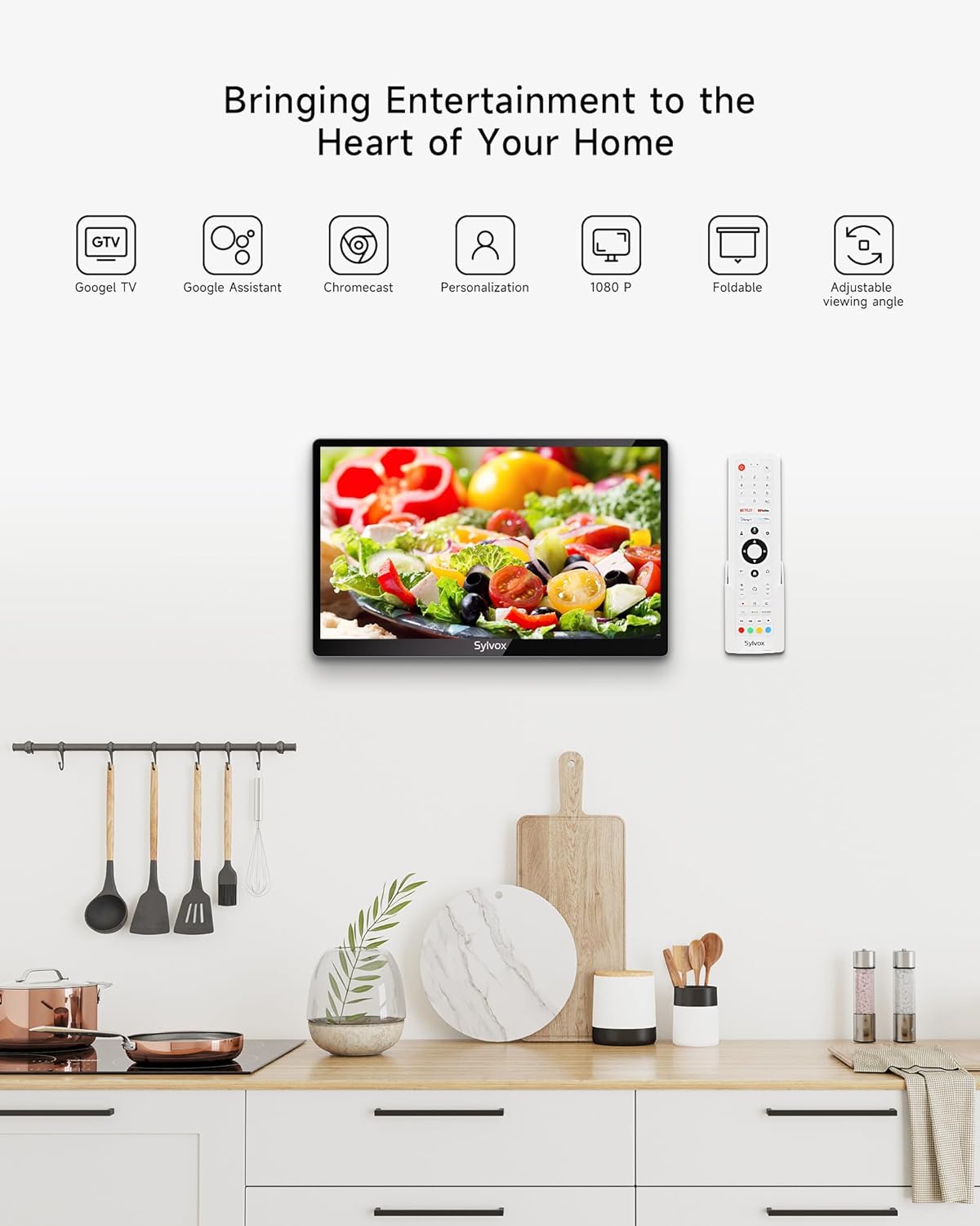 ทีวีครัว SYLVOX ทีวีสมาร์ทขนาดเล็กสำหรับห้องครัว ทีวีใต้ตู้ 15.6 นิ้ว 1080P Full HD โทรทัศน์สมาร์ทของ Google พร้อมรีโมทควบคุมด้วยเสียง WiFi บลูทูธ Chromecast 2 ลำโพง พับได้กะทัดรัด