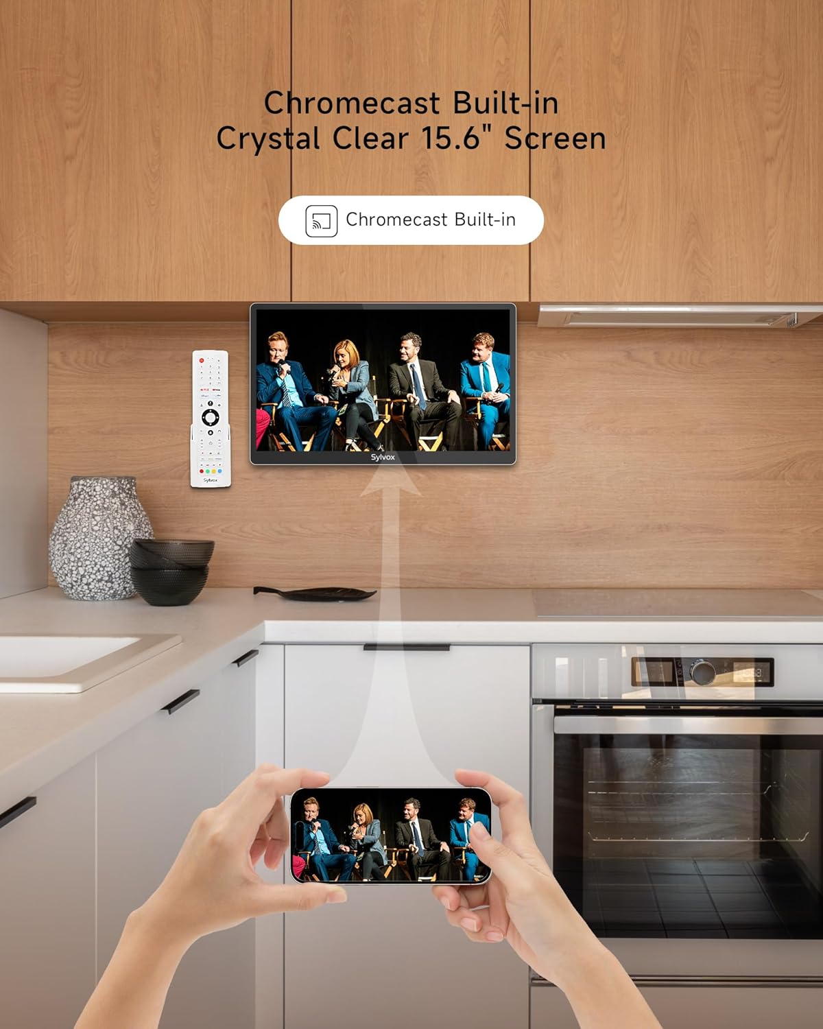 ทีวีครัว SYLVOX ทีวีสมาร์ทขนาดเล็กสำหรับห้องครัว ทีวีใต้ตู้ 15.6 นิ้ว 1080P Full HD โทรทัศน์สมาร์ทของ Google พร้อมรีโมทควบคุมด้วยเสียง WiFi บลูทูธ Chromecast 2 ลำโพง พับได้กะทัดรัด