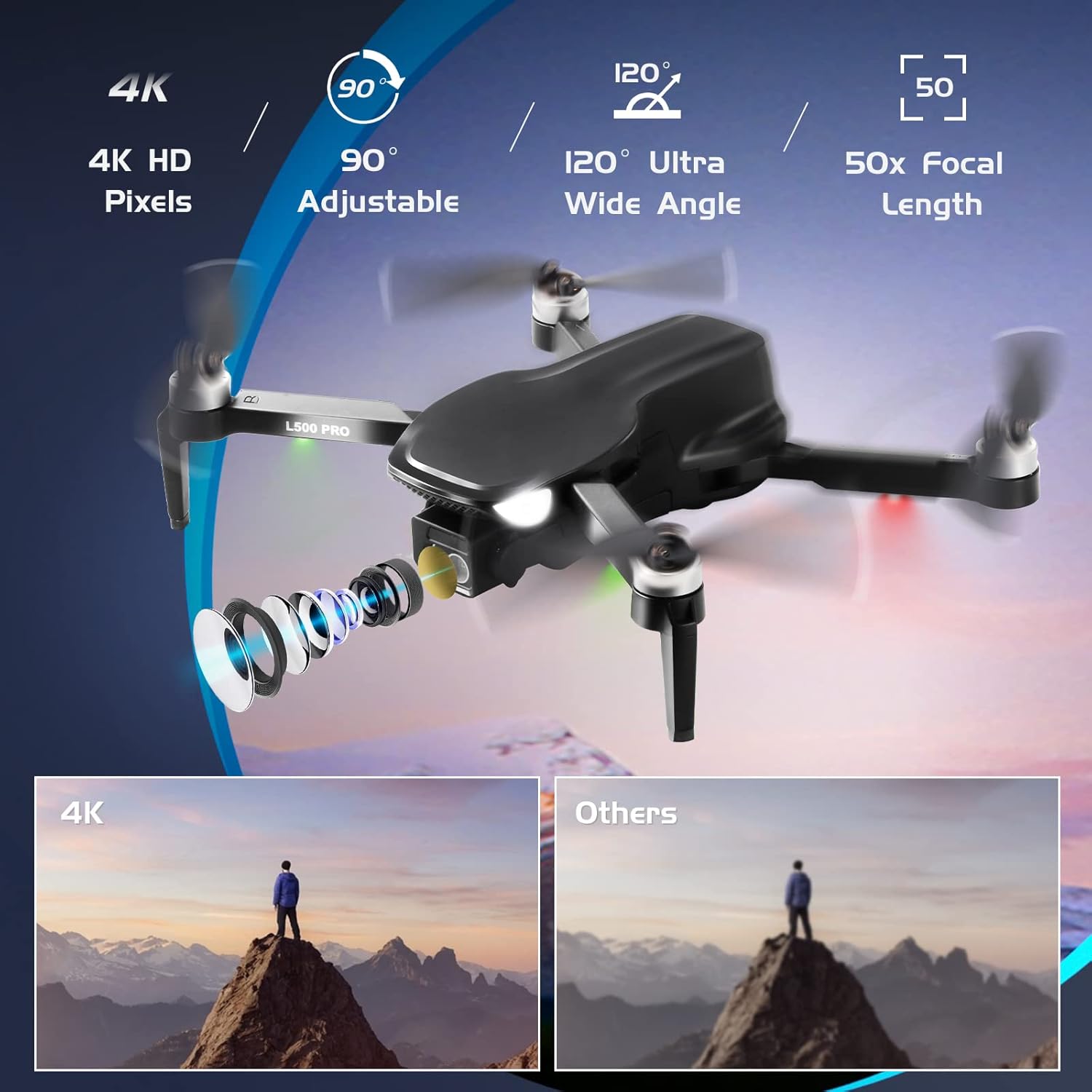 طائرة بدون طيار 4K GPS مع كاميرا للبالغين، طيران دائري، طيران نقطة مسار، محرك بدون فرشاة، تثبيت الارتفاع، مع بطاريتين طيران طويل لمدة 50 دقيقة، وحقيبة حمل خارجية باللون الأسود