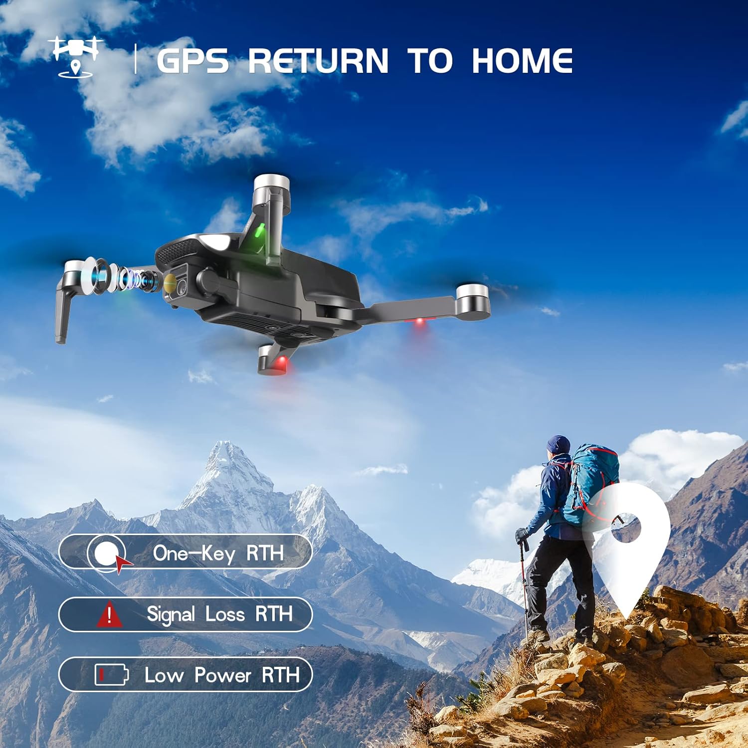 طائرة بدون طيار 4K GPS مع كاميرا للبالغين، طيران دائري، طيران نقطة مسار، محرك بدون فرشاة، تثبيت الارتفاع، مع بطاريتين طيران طويل لمدة 50 دقيقة، وحقيبة حمل خارجية باللون الأسود