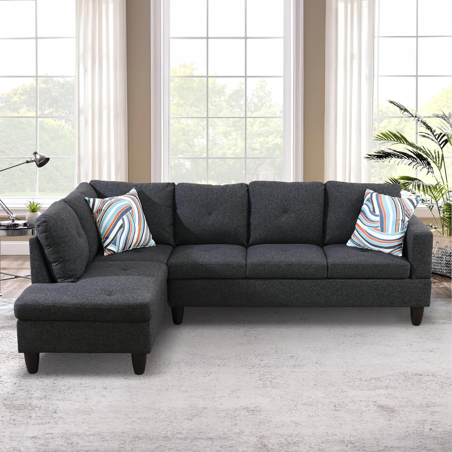 L-vormige sectionele bankset, luxe flanellen banken met 5 zitplaatsen, duurzaam en comfortabel, ruimtebesparend ontwerp, perfect voor moderne woonkamer, appartement, zwartgrijs