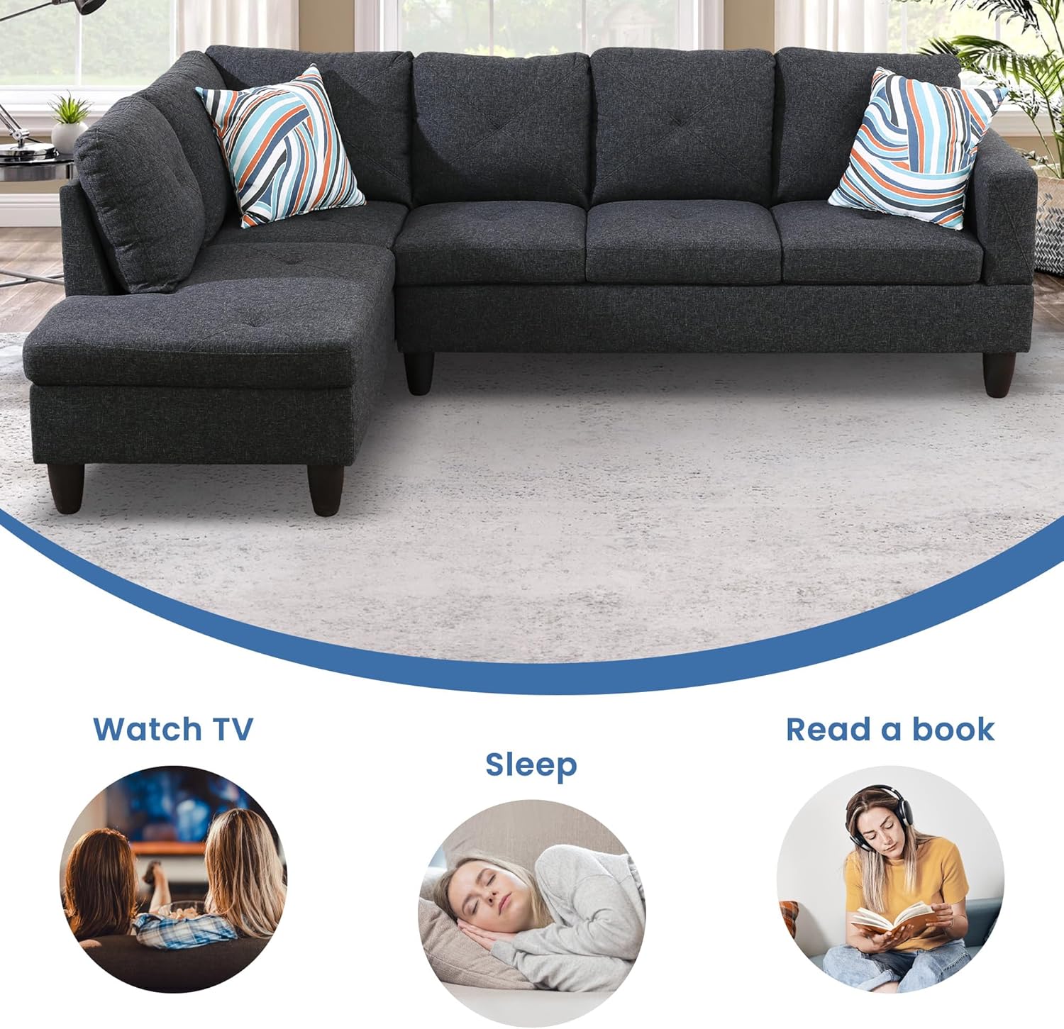 L-vormige sectionele bankset, luxe flanellen banken met 5 zitplaatsen, duurzaam en comfortabel, ruimtebesparend ontwerp, perfect voor moderne woonkamer, appartement, zwartgrijs