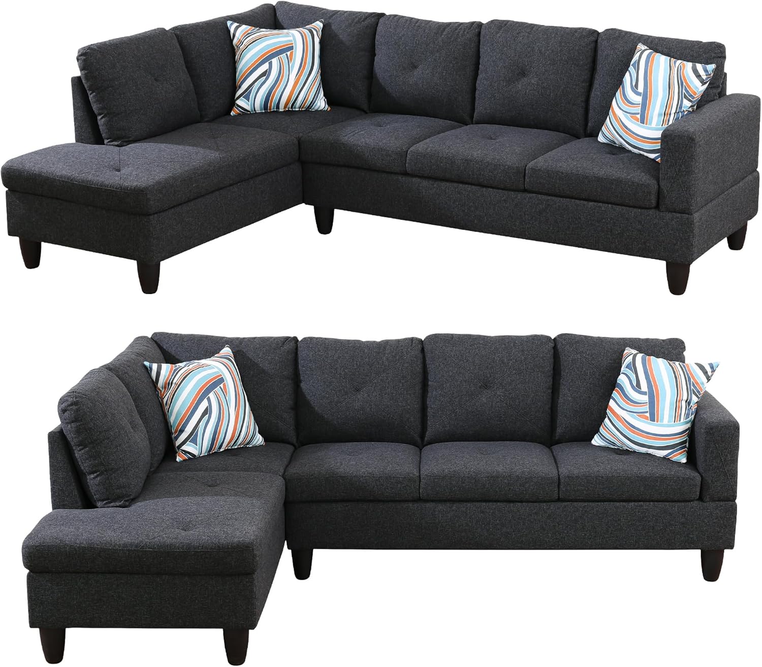 L-vormige sectionele bankset, luxe flanellen banken met 5 zitplaatsen, duurzaam en comfortabel, ruimtebesparend ontwerp, perfect voor moderne woonkamer, appartement, zwartgrijs