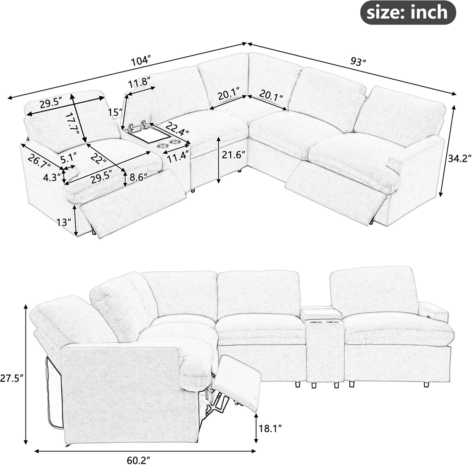 Sofá Motion reclinable y seccional Morhome, sofás seccionales en forma de L con portavasos, puertos USB y toma de corriente para sala de estar/autocaravana/teatro