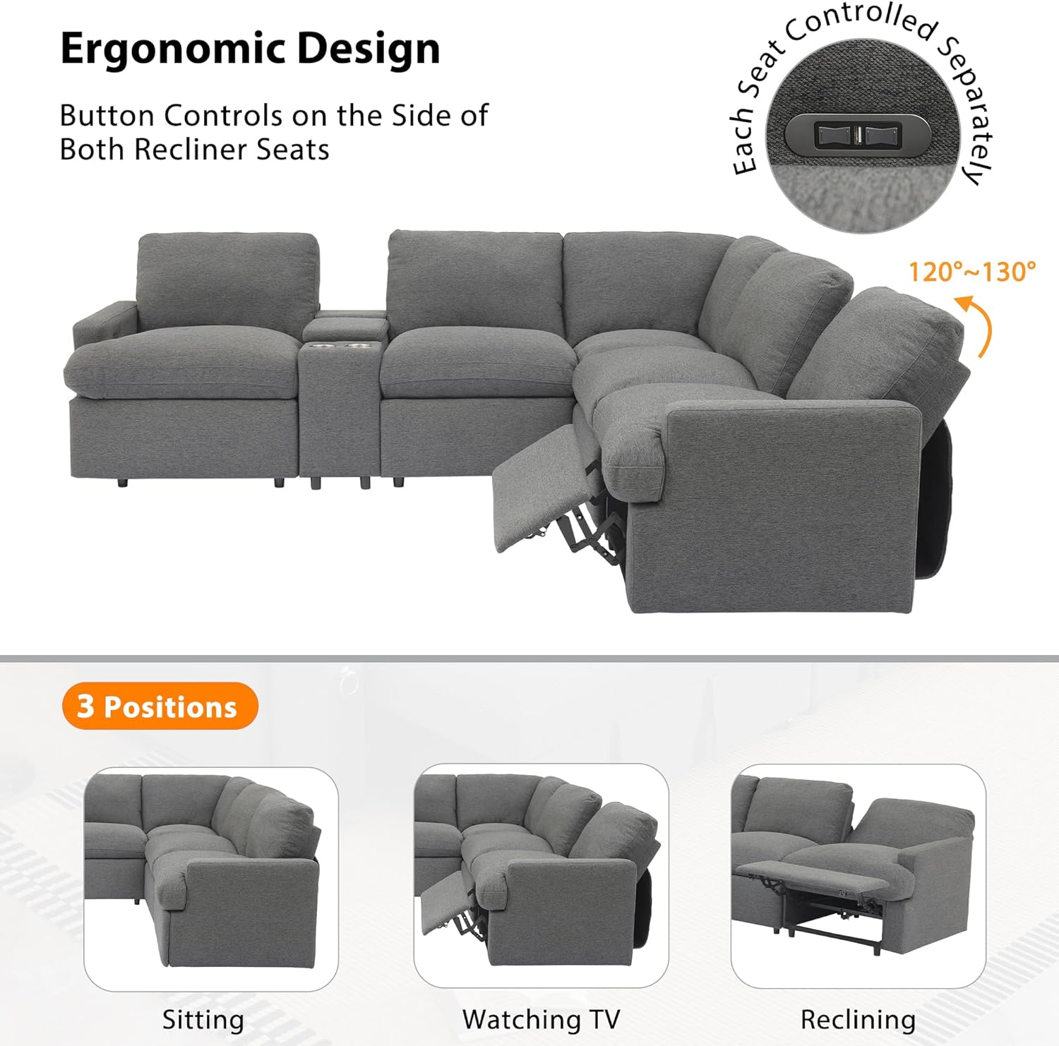 Sofá Motion reclinable y seccional Morhome, sofás seccionales en forma de L con portavasos, puertos USB y toma de corriente para sala de estar/autocaravana/teatro