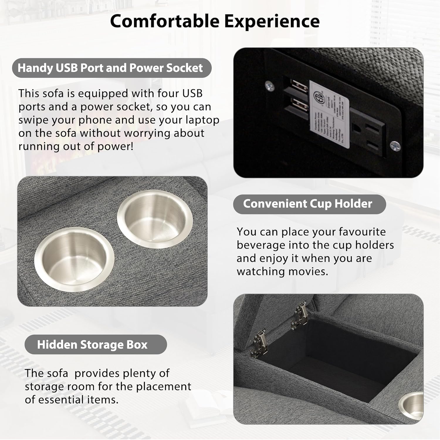 Sofá Motion reclinable y seccional Morhome, sofás seccionales en forma de L con portavasos, puertos USB y toma de corriente para sala de estar/autocaravana/teatro