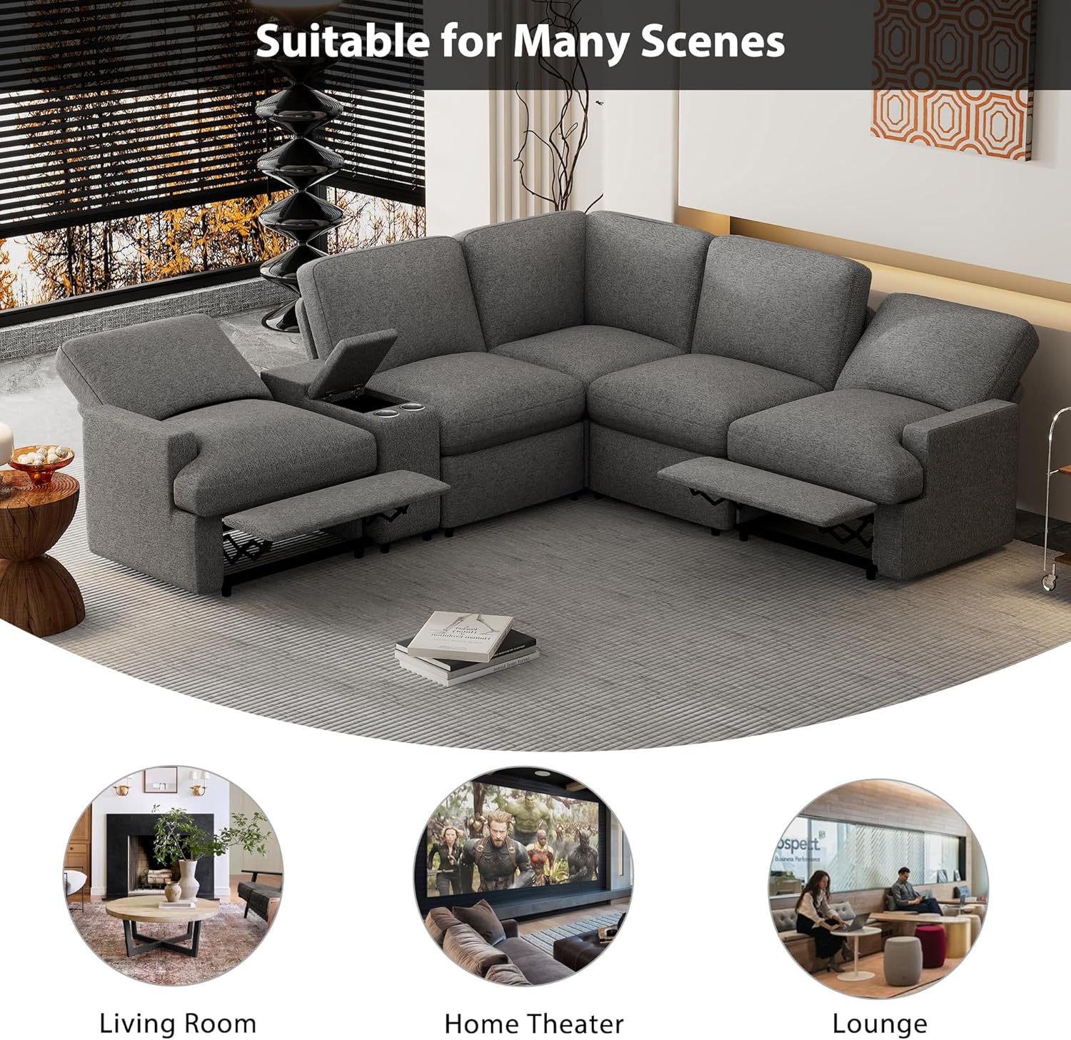 Sofá Motion reclinable y seccional Morhome, sofás seccionales en forma de L con portavasos, puertos USB y toma de corriente para sala de estar/autocaravana/teatro