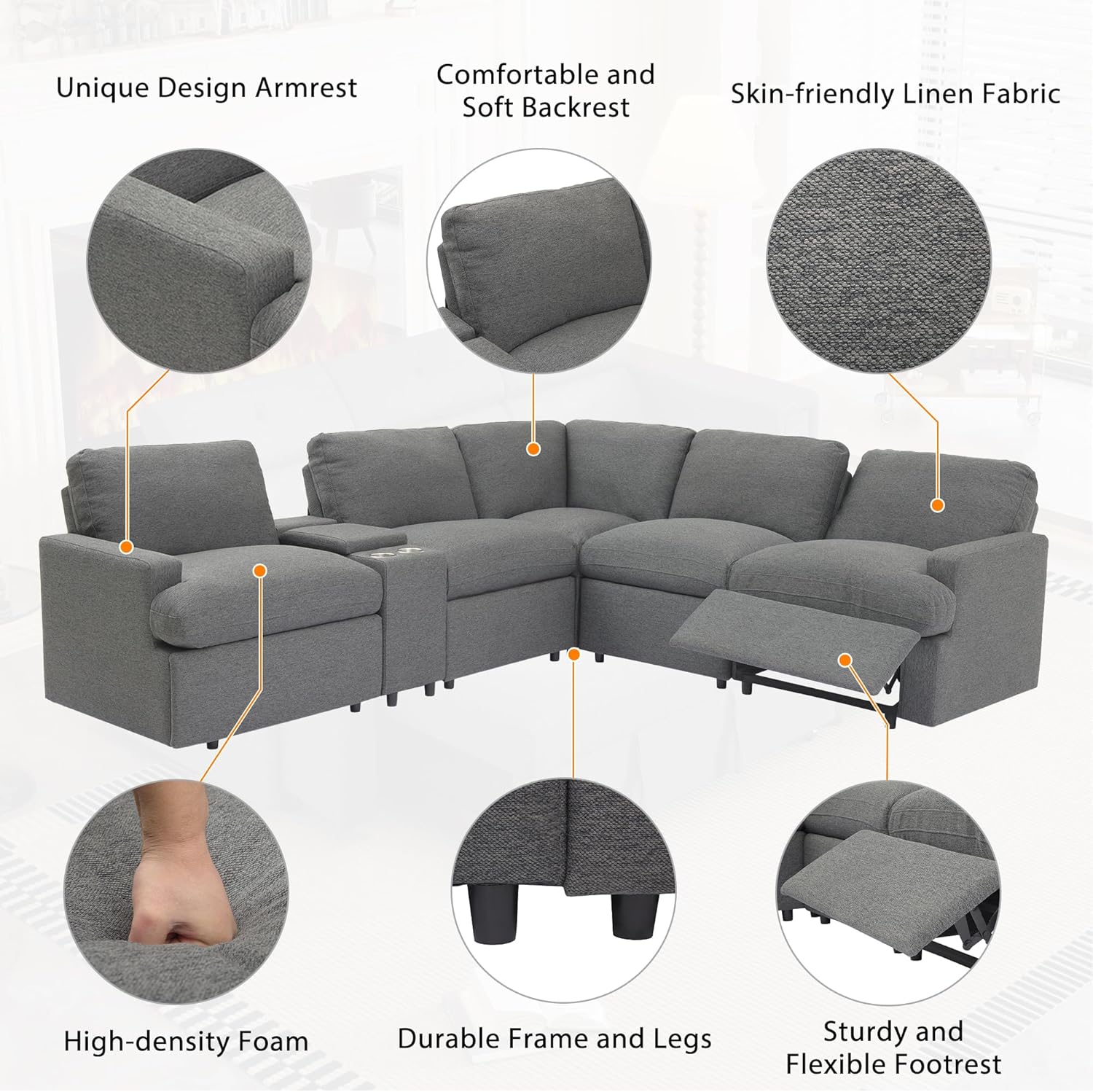 Sofá Motion reclinable y seccional Morhome, sofás seccionales en forma de L con portavasos, puertos USB y toma de corriente para sala de estar/autocaravana/teatro