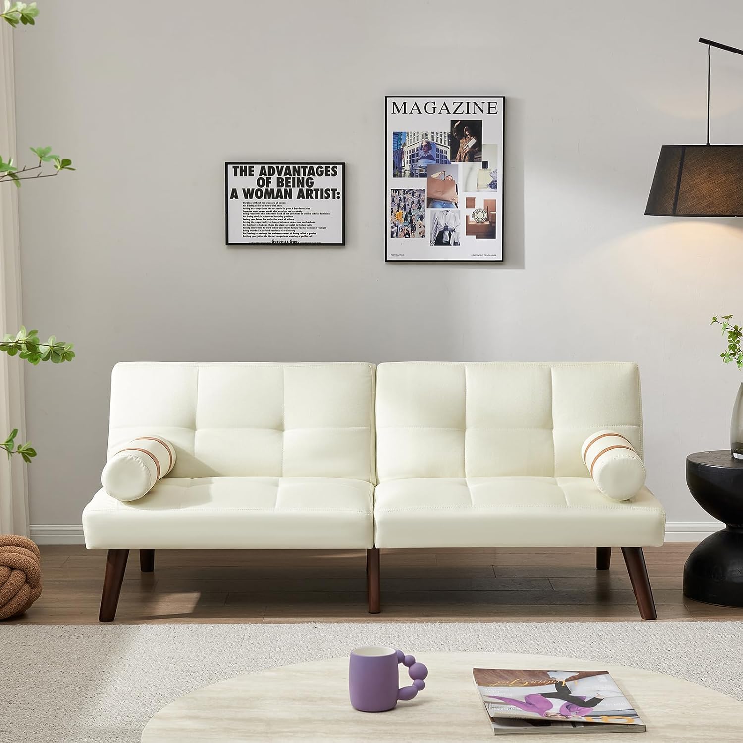 Convertible Sofa Bed Futon Linen Sleeper Couch with Adjustable Backrests Soild Wood Legs for Bedroom Living Room White · v2