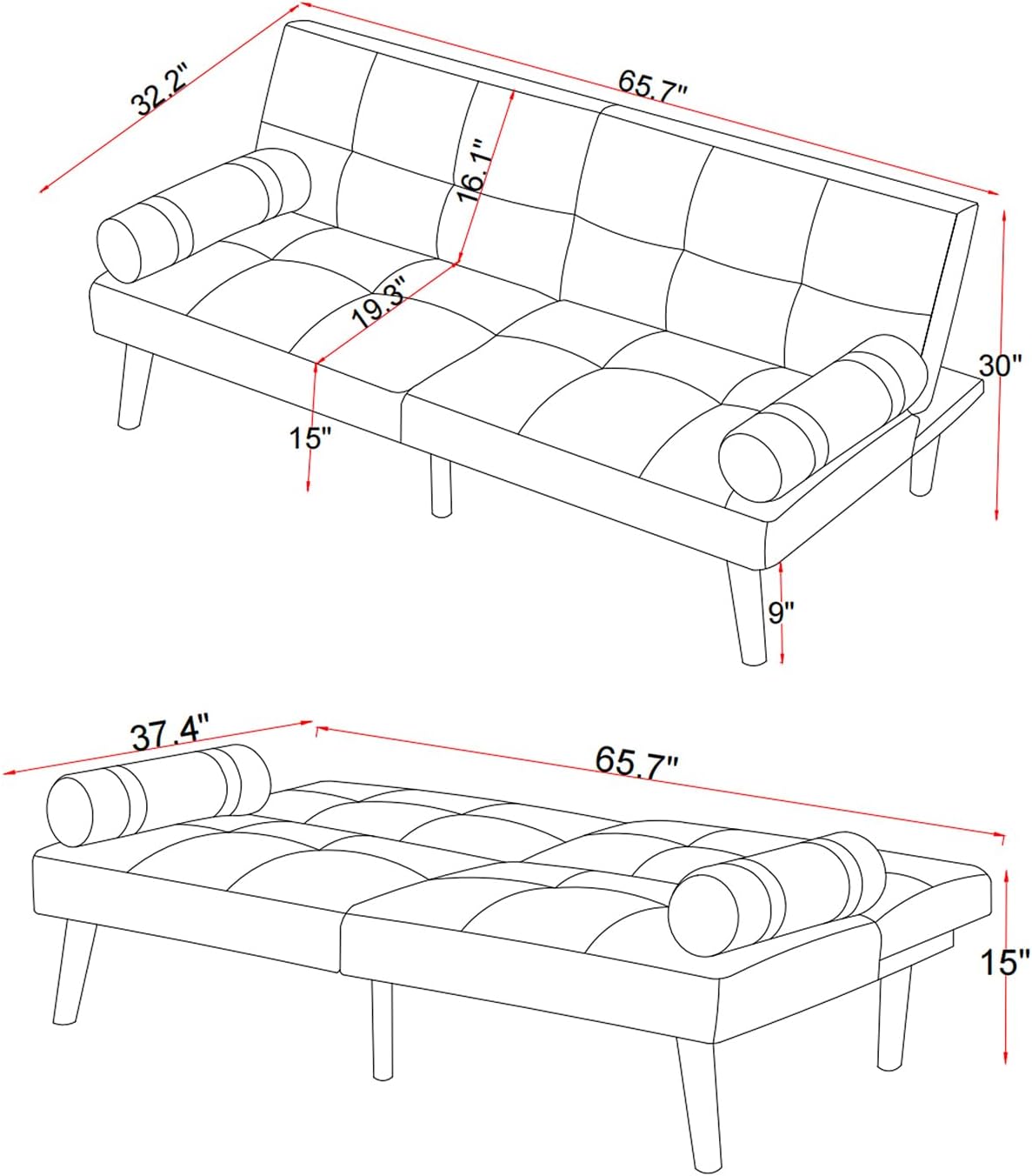Convertible Sofa Bed Futon Linen Sleeper Couch with Adjustable Backrests Soild Wood Legs for Bedroom Living Room White · v2