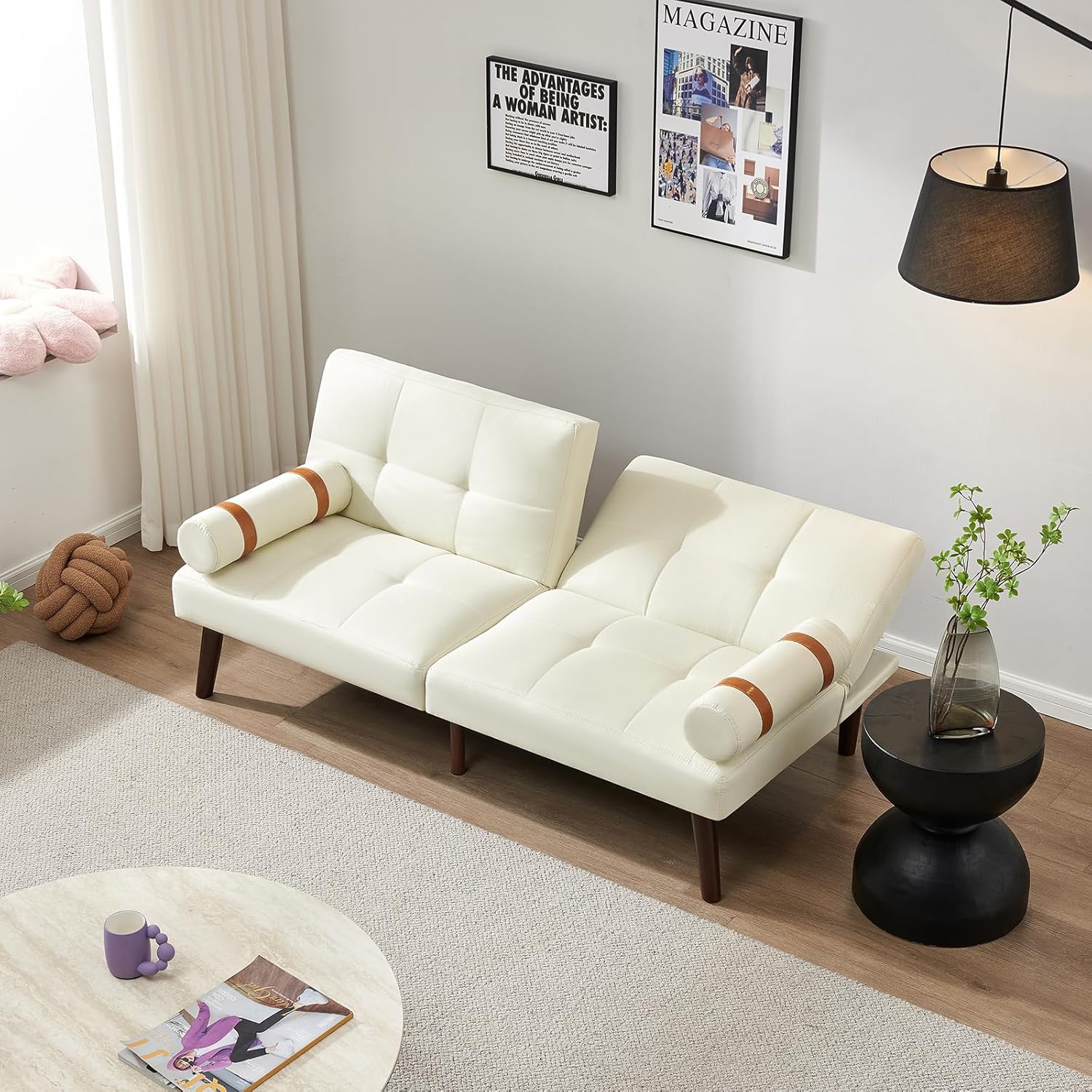 Convertible Sofa Bed Futon Linen Sleeper Couch with Adjustable Backrests Soild Wood Legs for Bedroom Living Room White · v2