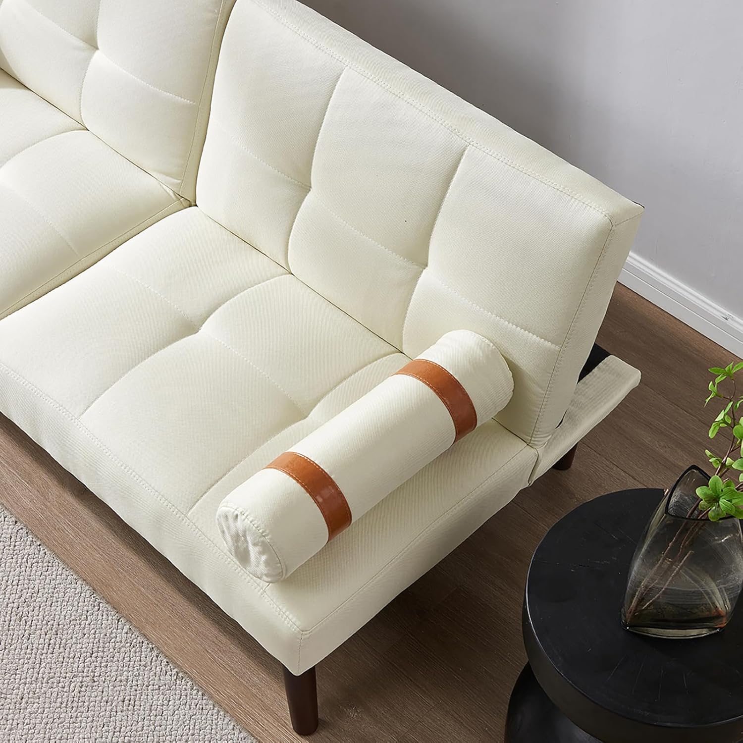 Convertible Sofa Bed Futon Linen Sleeper Couch with Adjustable Backrests Soild Wood Legs for Bedroom Living Room White · v2