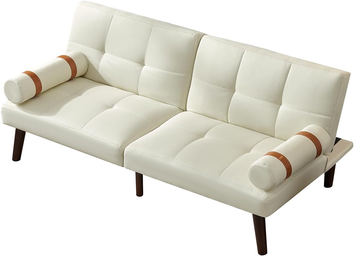 Convertible Sofa Bed Futon Linen Sleeper Couch with Adjustable Backrests Soild Wood Legs for Bedroom Living Room White · v2