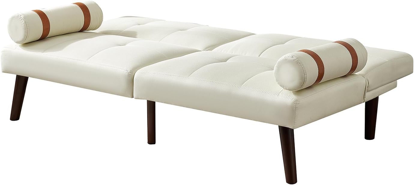 Convertible Sofa Bed Futon Linen Sleeper Couch with Adjustable Backrests Soild Wood Legs for Bedroom Living Room White · v2