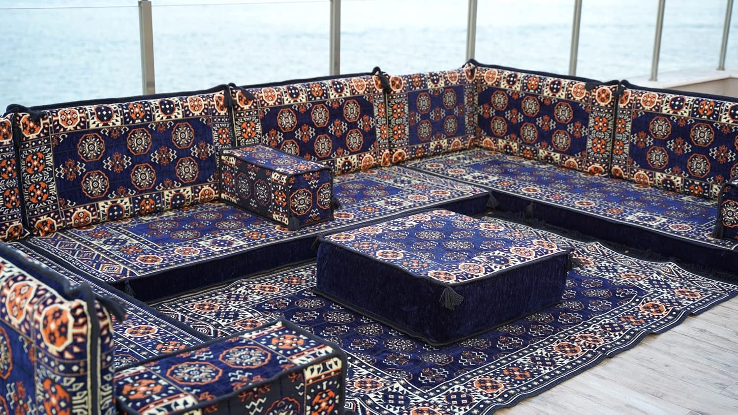 U Shaped Sectional Sofas, Arabic Majlis, Ottoman Couch, Floor Cushions Set, Arabic Jalsa, Floor Seating Sofa, Oriental Sofa Set (4' Thickness Sofa, U Sofa   Rug   Ottoman, Model 8) · v2
