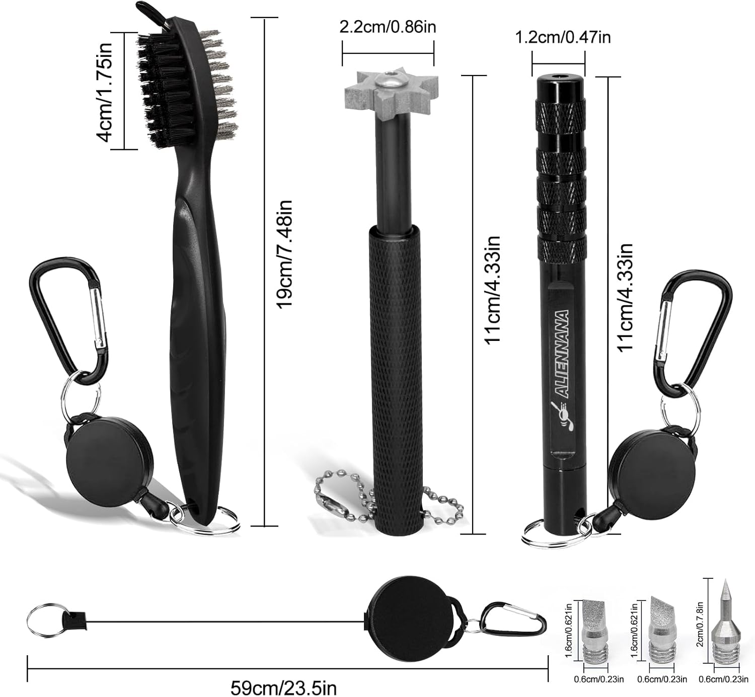 Set di attrezzi per la pulizia delle scanalature per cunei da golf | Affilatrice per mazze da golf - Spazzola retrattile per mazze da golf e affilatrice per 2 mazze da golf con 3 testine sostituibili per scanalature a U V