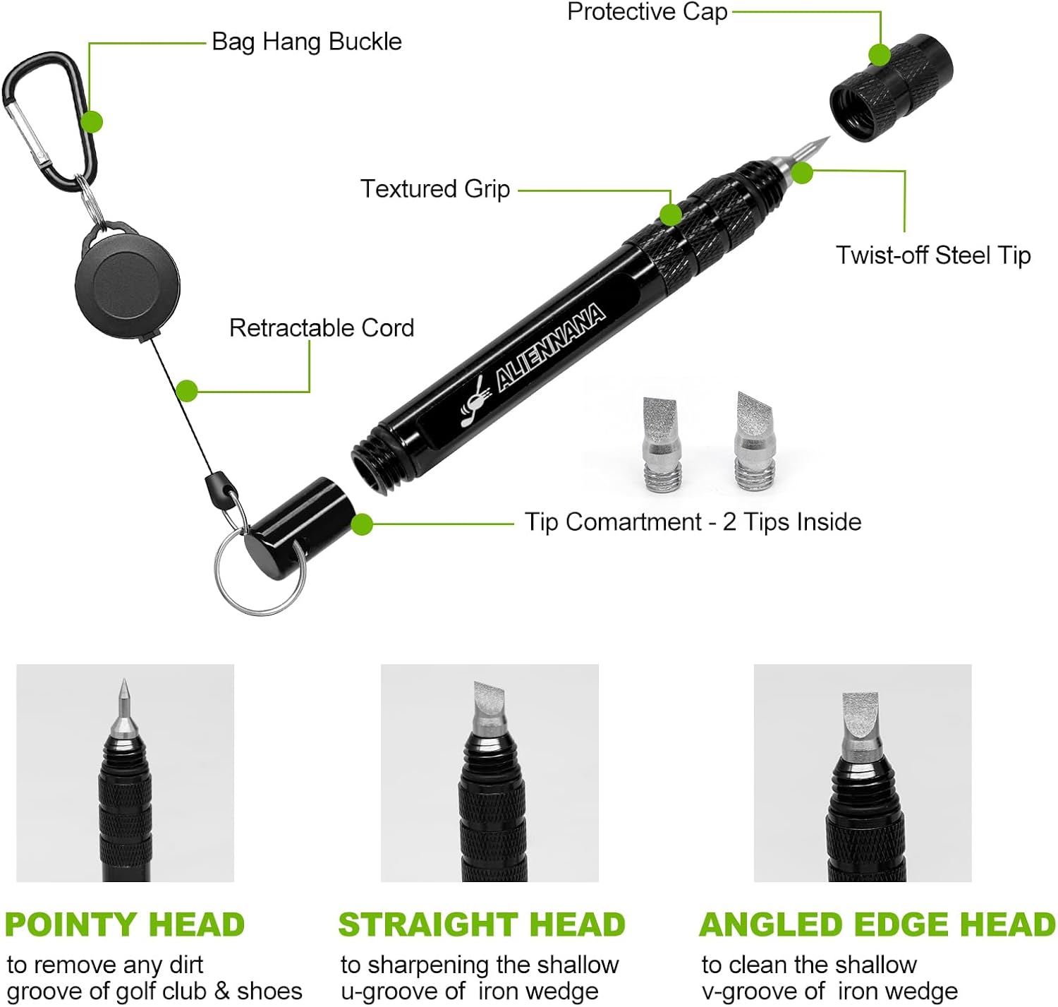 Set di attrezzi per la pulizia delle scanalature per cunei da golf | Affilatrice per mazze da golf - Spazzola retrattile per mazze da golf e affilatrice per 2 mazze da golf con 3 testine sostituibili per scanalature a U V