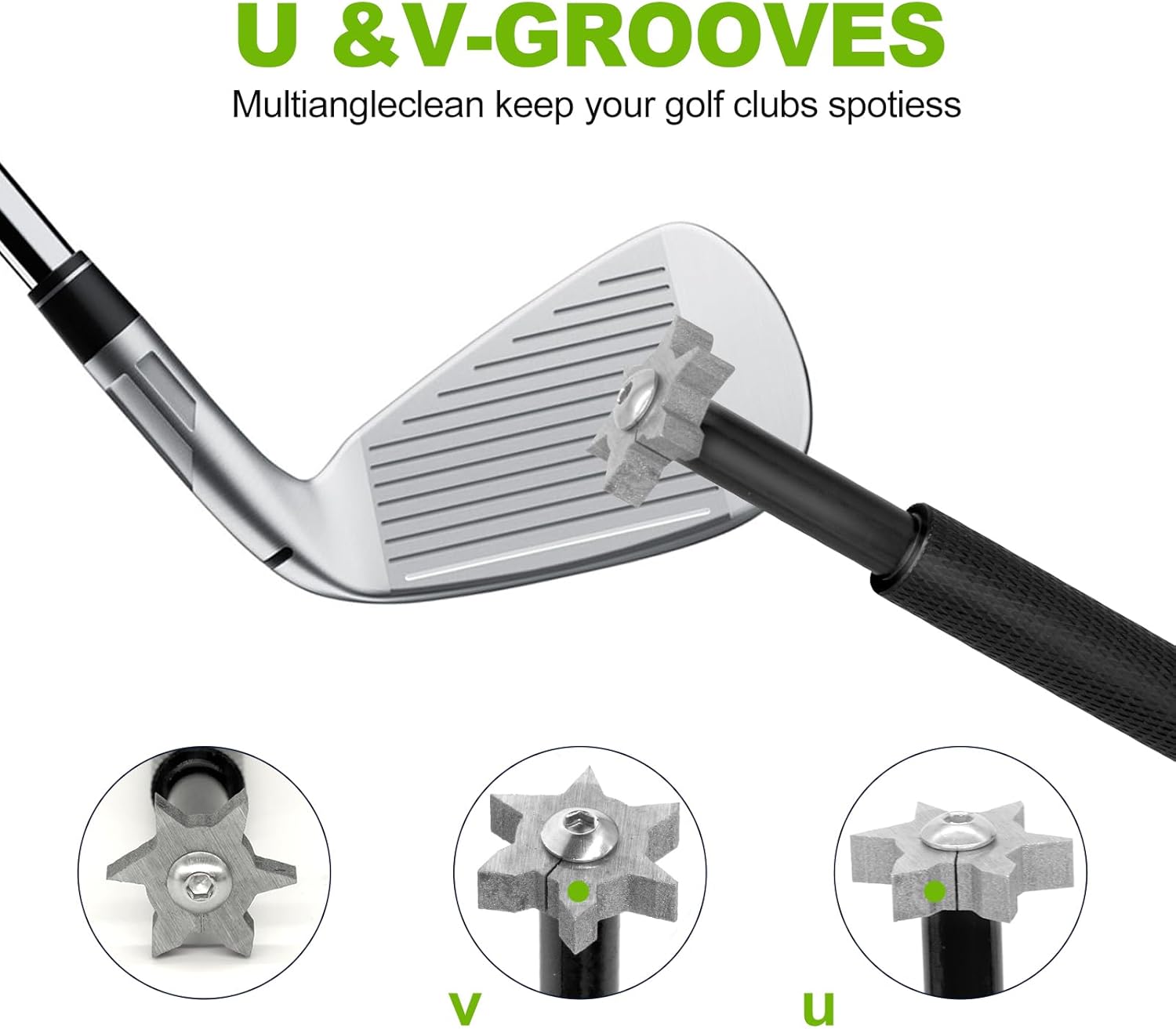 Set di attrezzi per la pulizia delle scanalature per cunei da golf | Affilatrice per mazze da golf - Spazzola retrattile per mazze da golf e affilatrice per 2 mazze da golf con 3 testine sostituibili per scanalature a U V