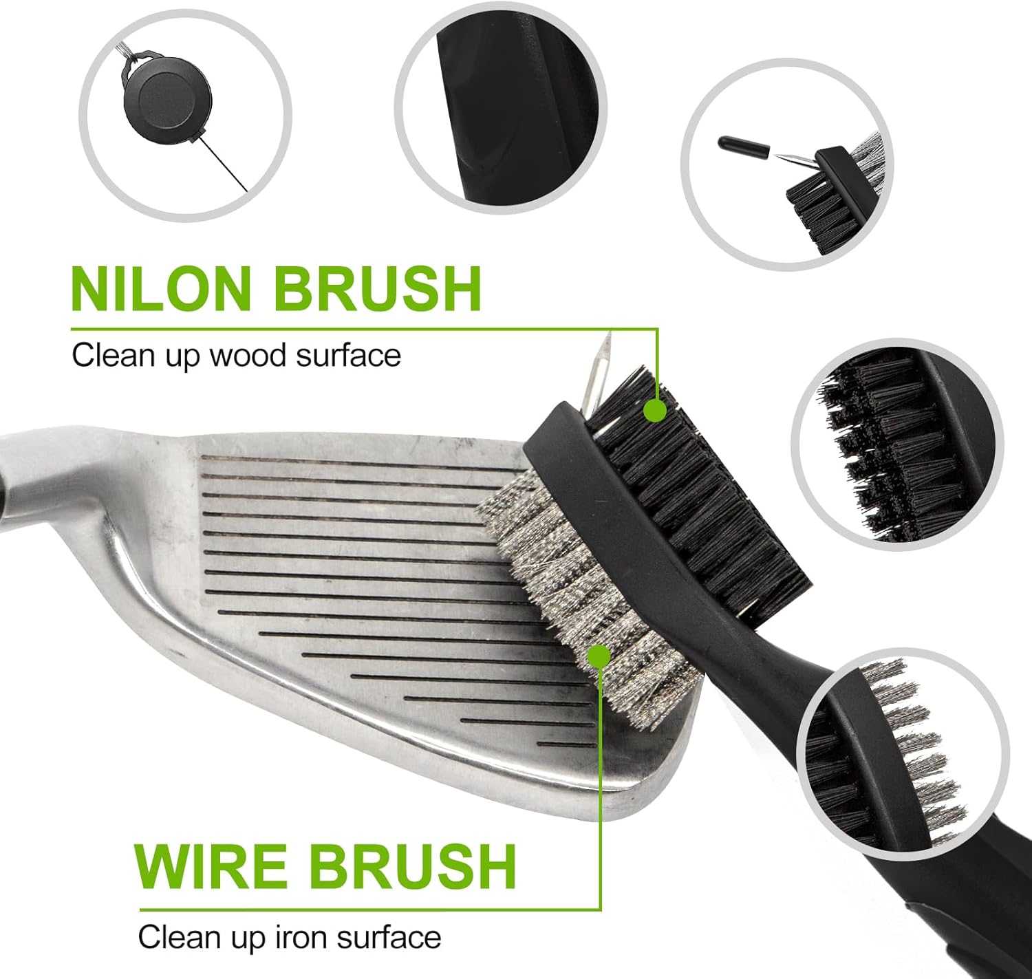 Set di attrezzi per la pulizia delle scanalature per cunei da golf | Affilatrice per mazze da golf - Spazzola retrattile per mazze da golf e affilatrice per 2 mazze da golf con 3 testine sostituibili per scanalature a U V