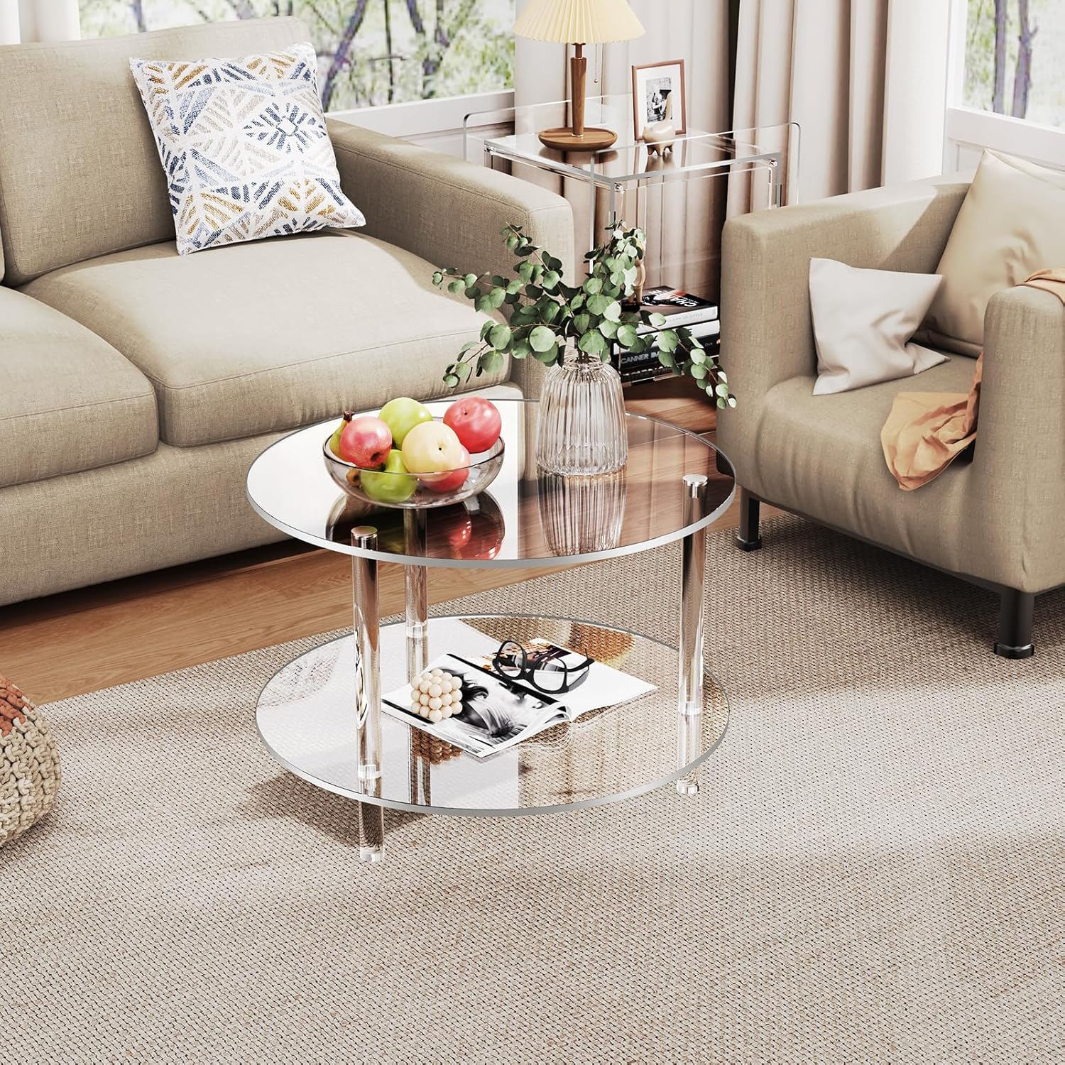 Mesita de acrílico, mesa de centro pequeña y redonda moderna para sala de estar, 23,6 pulgadas de profundidad x 23,6 pulgadas de ancho x 16,5 pulgadas de alto