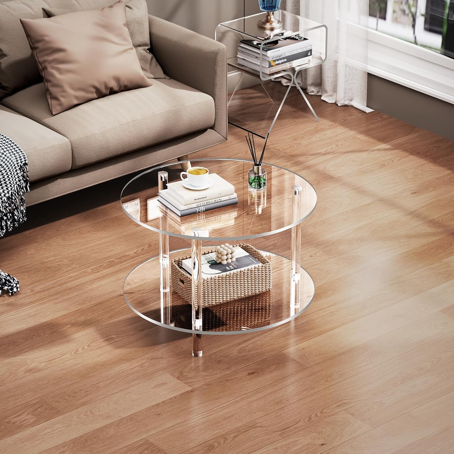 Mesita de acrílico, mesa de centro pequeña y redonda moderna para sala de estar, 23,6 pulgadas de profundidad x 23,6 pulgadas de ancho x 16,5 pulgadas de alto