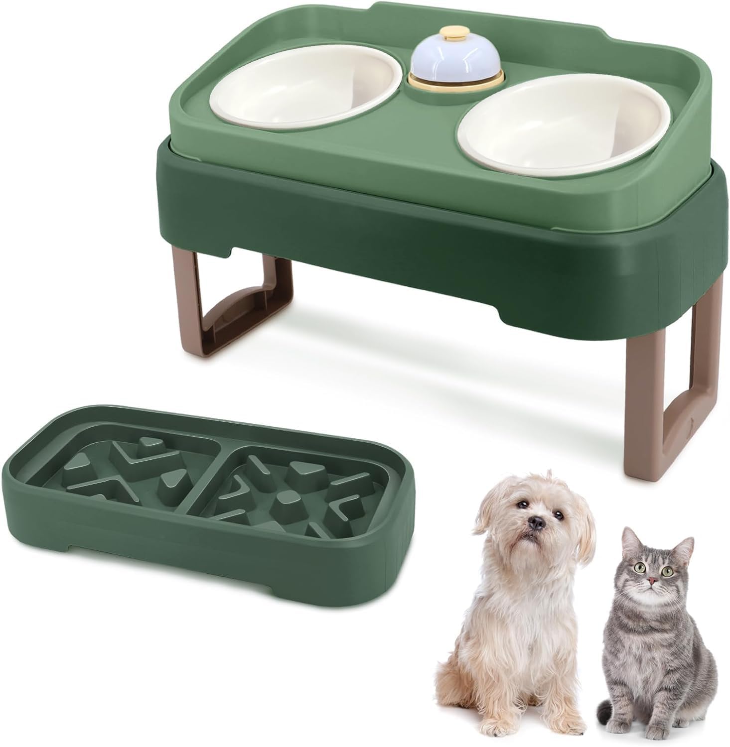Elevated Cat Dog Food Water Bowl - Raised Cat Dog Bowls with Stand Non Skid - Double Cat Dog Feeding Bowl Set with Splash Proof Guard - Slow Feeder Bowls for Cats and Small Dogs(JK8222-Green)