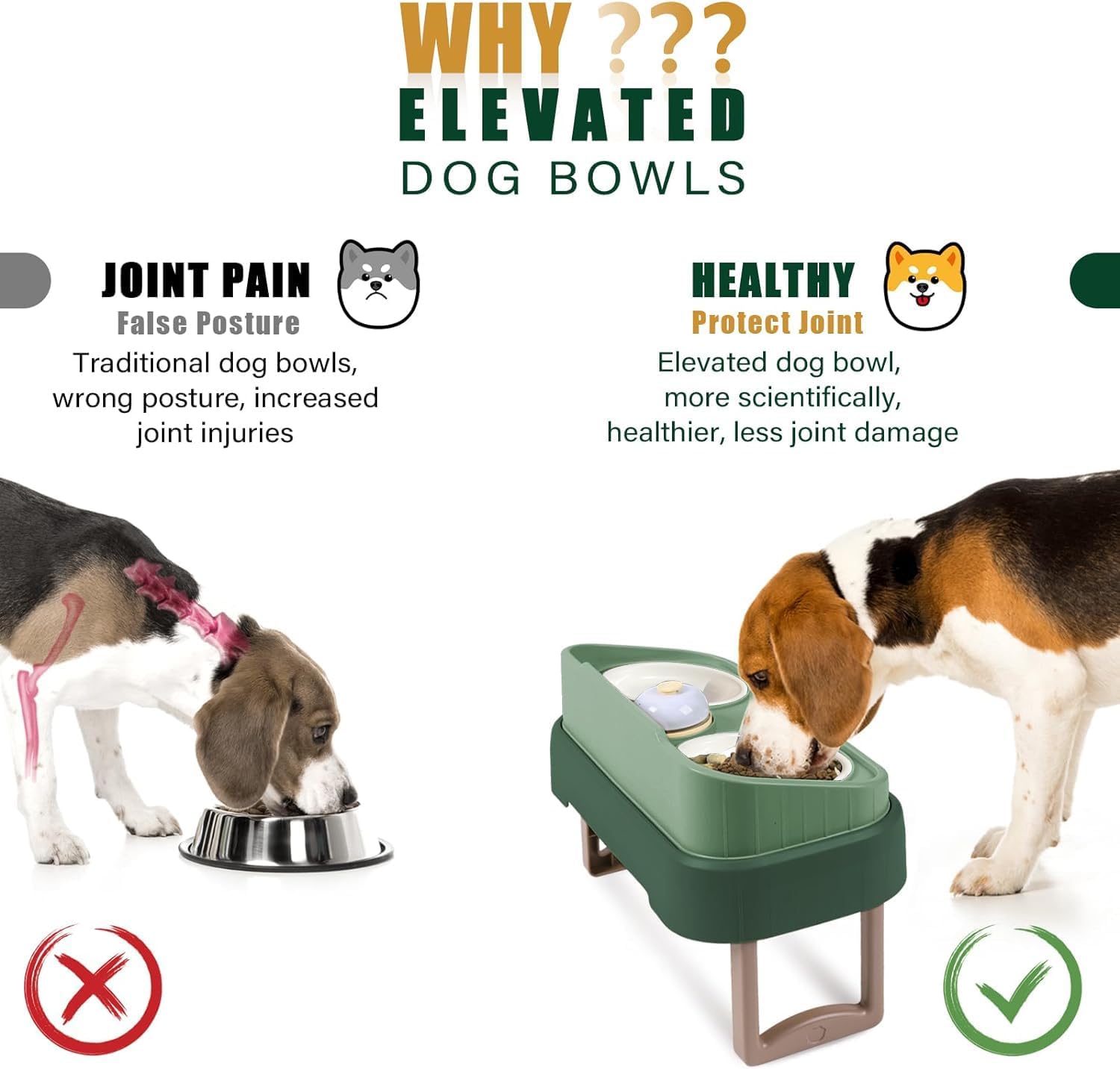 Ciotola d'acqua rialzata per cibo per cani e gatti - Ciotole rialzate per cani e gatti con supporto antiscivolo - Set di due ciotole per alimentazione per cani e gatti con protezione antispruzzo - Ciotole Slow Feeder per gatti e cani di piccola taglia (JK8222-verde)