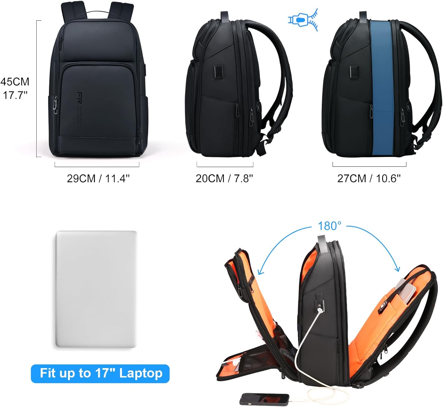 FENRUIEN 17 Inch Travel Backpack for Men, Expandable Water Resistant Computer Backpack with USB Port, Black Laptop Bag for Business/College/Work · v3