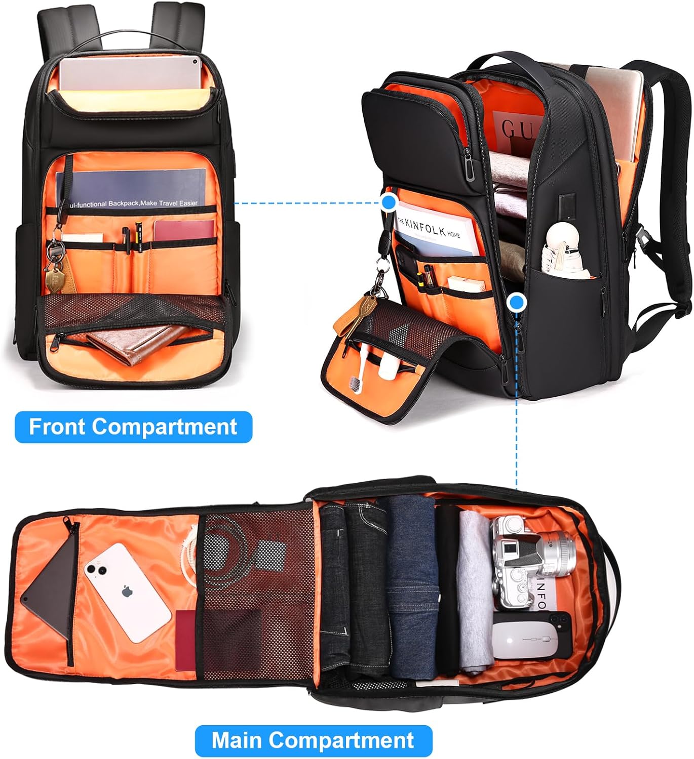 FENRUIEN 17 Inch Travel Backpack for Men, Expandable Water Resistant Computer Backpack with USB Port, Black Laptop Bag for Business/College/Work · v3