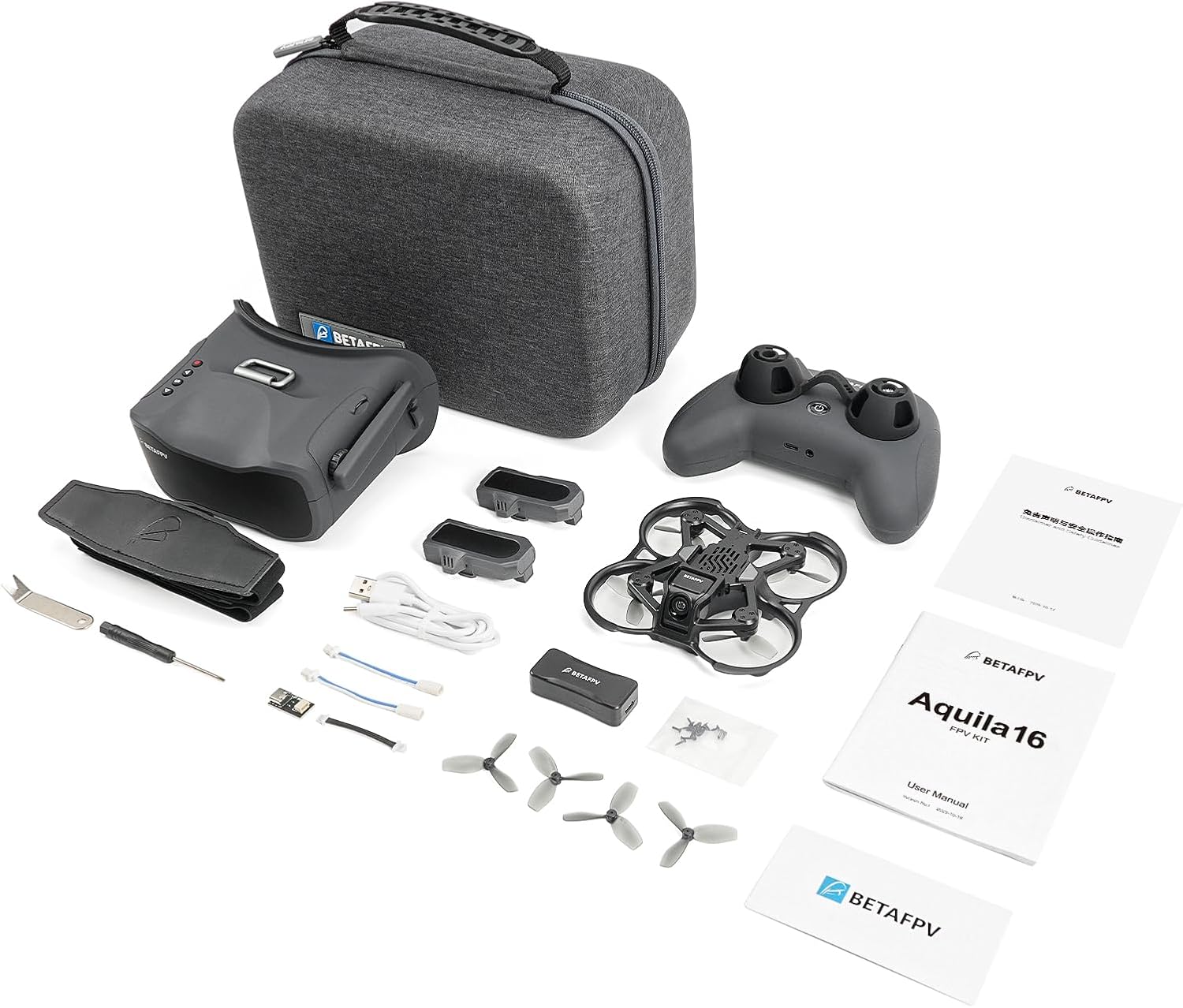 Kit drone FPV BETAFPV Aquila16 con mantenimento dell'altitudine, 8 minuti di volo, per principianti FPV per volare più a lungo in ambienti interni ed esterni, 3 modalità FlightSpeed, registrazione DVR, simulatore supportato, kit RTF 1S con ELRS 3.0