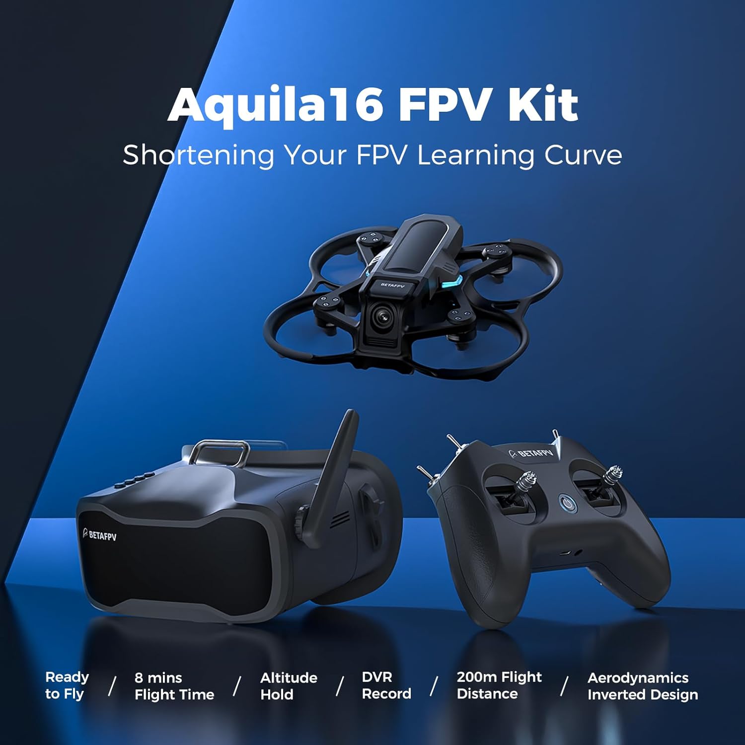 Kit drone FPV BETAFPV Aquila16 con mantenimento dell'altitudine, 8 minuti di volo, per principianti FPV per volare più a lungo in ambienti interni ed esterni, 3 modalità FlightSpeed, registrazione DVR, simulatore supportato, kit RTF 1S con ELRS 3.0