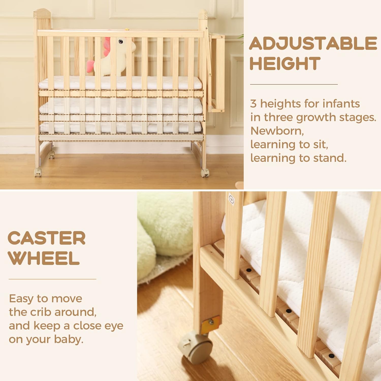FUNLIO Mini Baby Crib, Paint-Free Pine Wood Crib for Small Spaces, Adjustable Crib for Baby Boys/Girls, CPC Certified